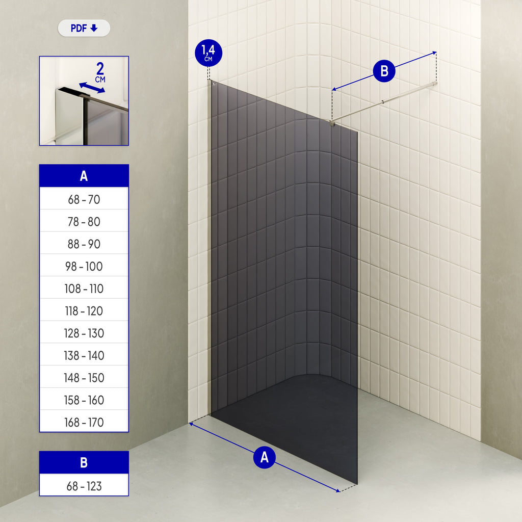 FIONA - Painel de duche Walk-In em vidro temperado escurecido 10 mm com perfil cromado