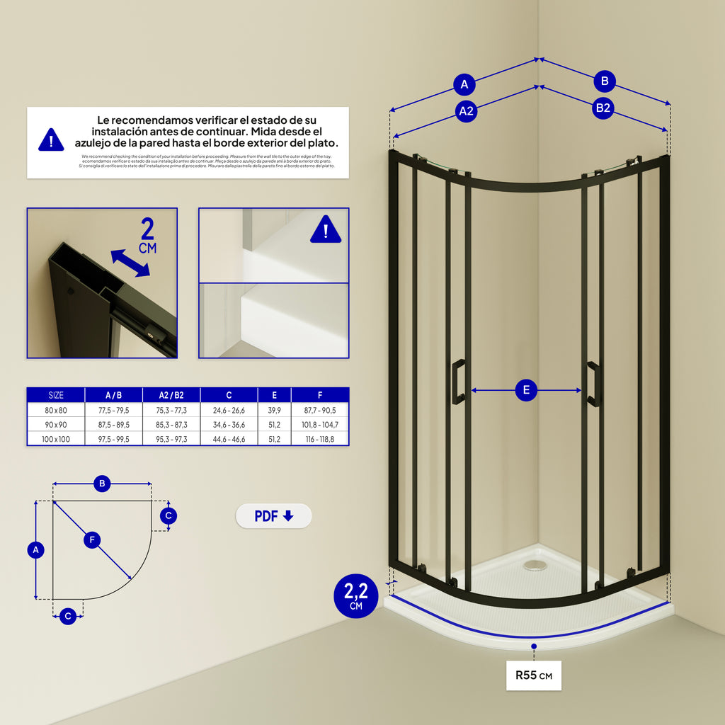 ELLA - Cabine de duche de quadrante com portas de correr em vidro transparente e perfil preto mate