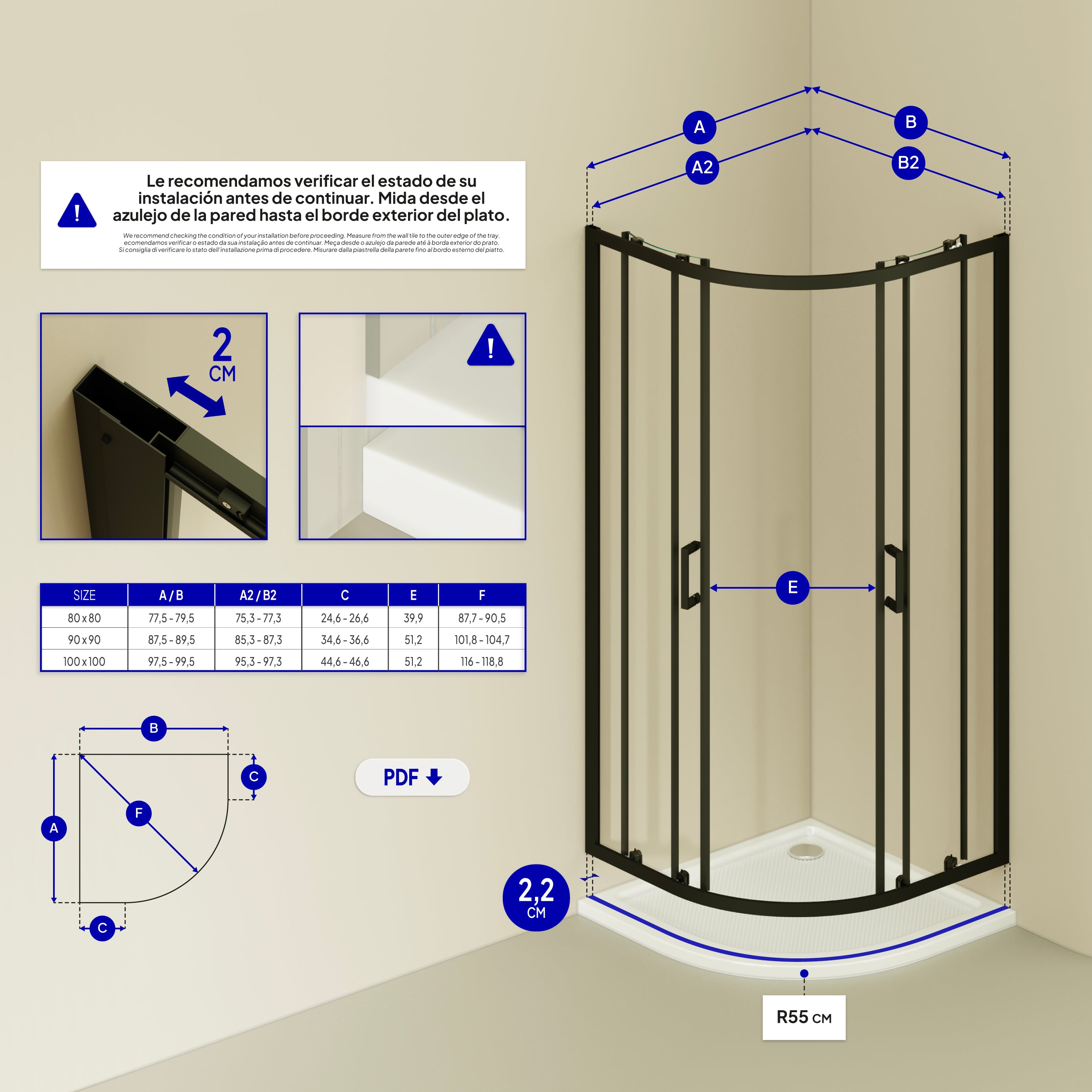 ELLA - Cabine de duche de quadrante com portas de correr em vidro transparente e perfil preto mate