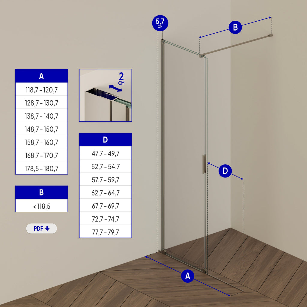 NADINE - Painel de duche Walk-In em vidro temperado 8 mm com perfil cromado