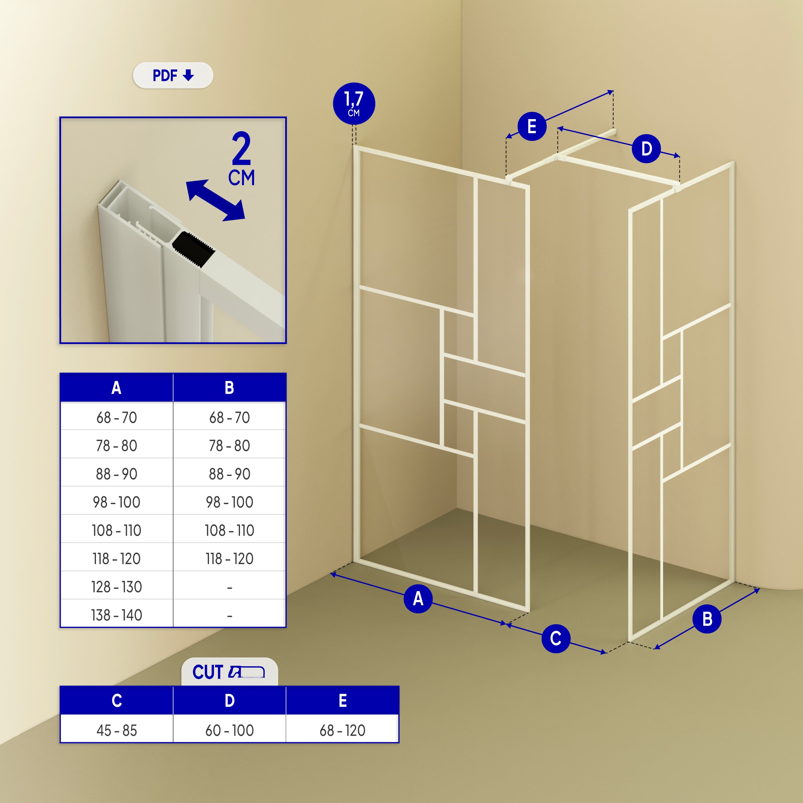 GIANNA - Painel de duche Walk-In com 2 painéis em vidro temperado com blocos e perfil cromado