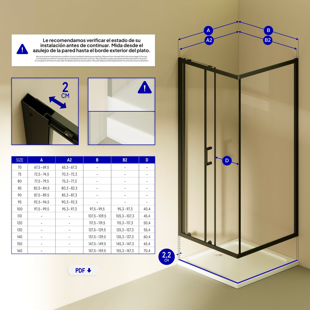 DORA - Cabina de ducha con puertas correderas, cristal templado y perfil negro mate