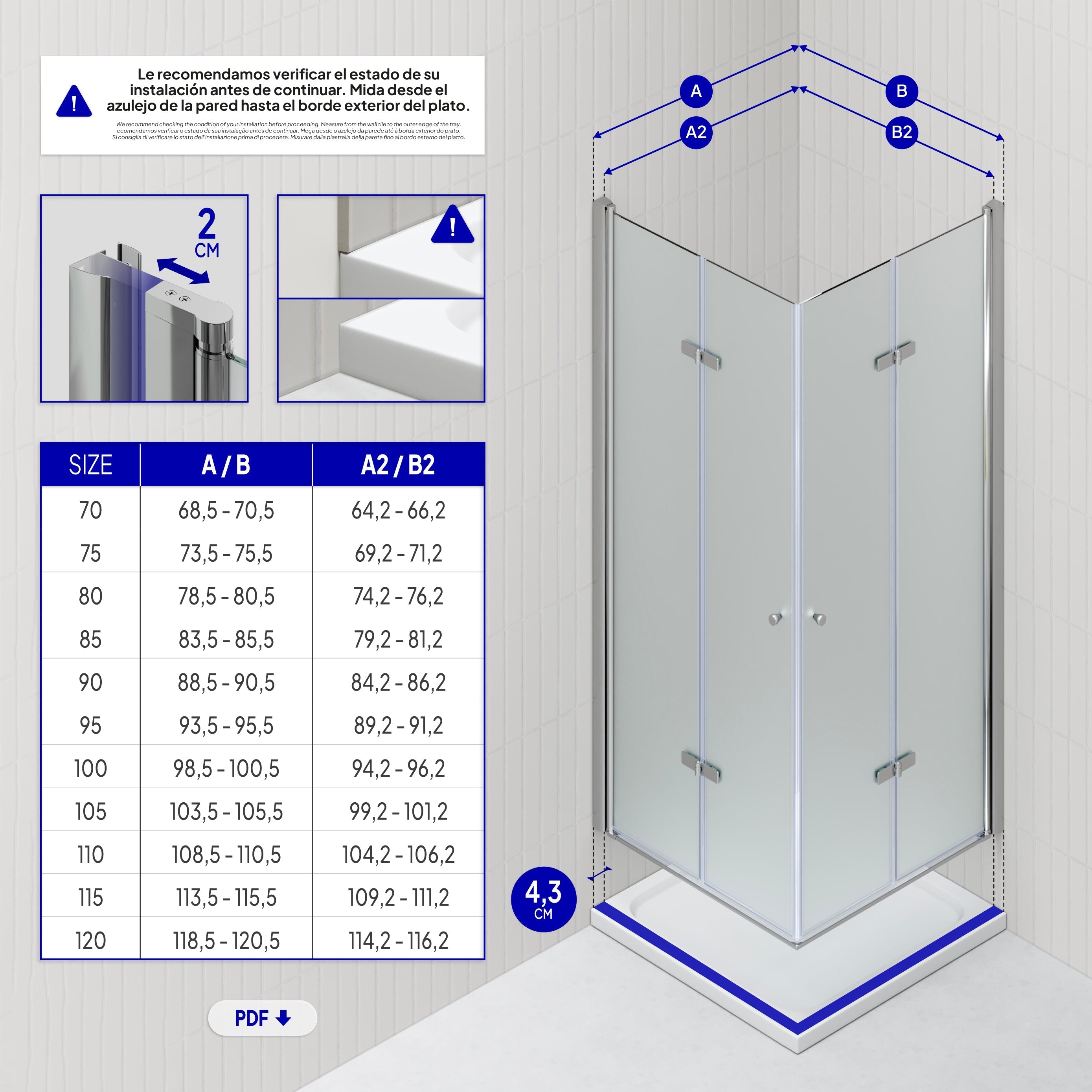 EMMA - Cabine de duche com portas articuladas, vidro fosco 6 mm e perfil cromado