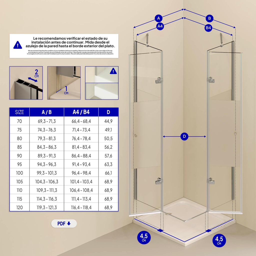 ALICE - Cabina de ducha de esquina con puertas batientes de cristal templado parcialmente esmerilado