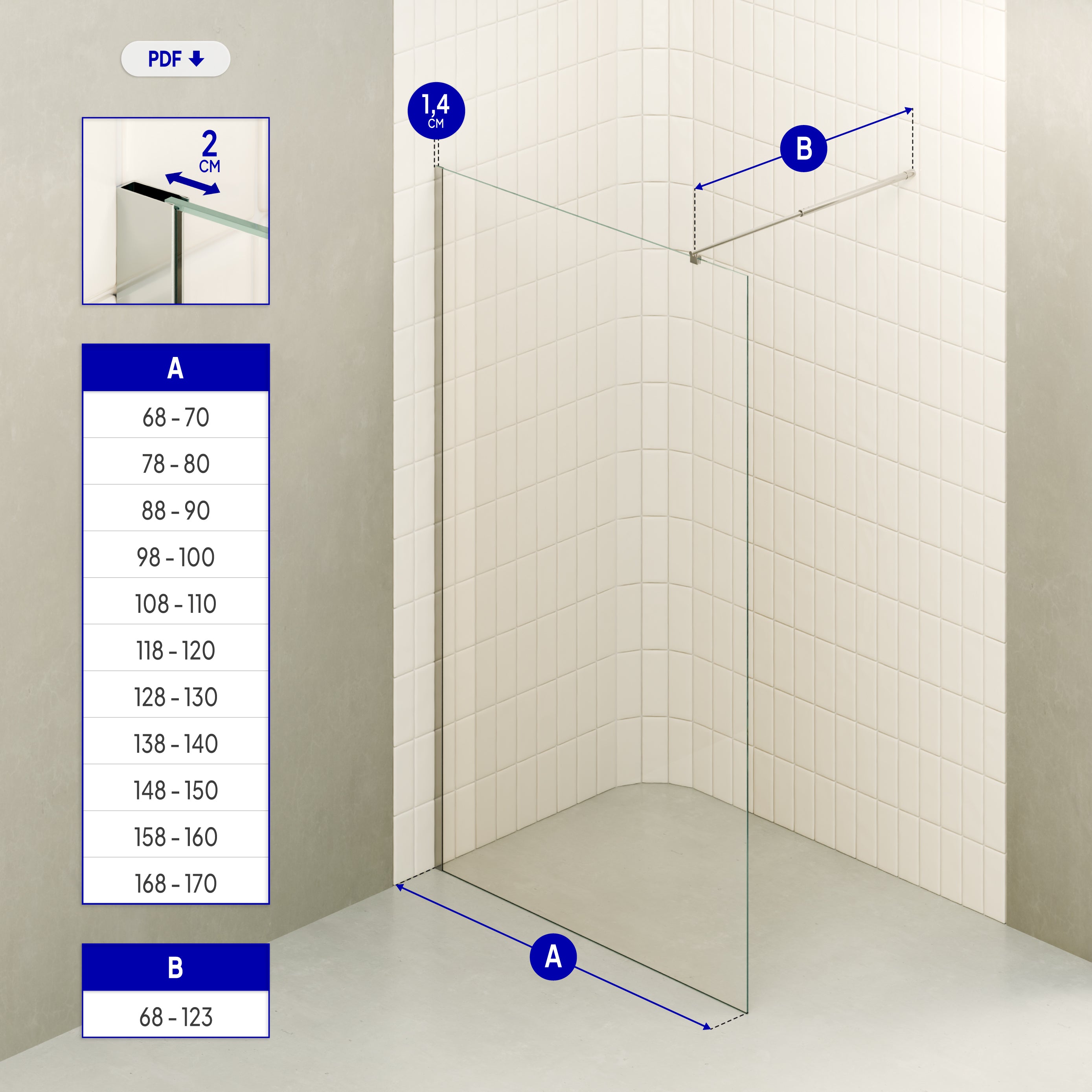 FIONA - Painel de duche Walk-In em vidro temperado 10 mm com perfil cromado