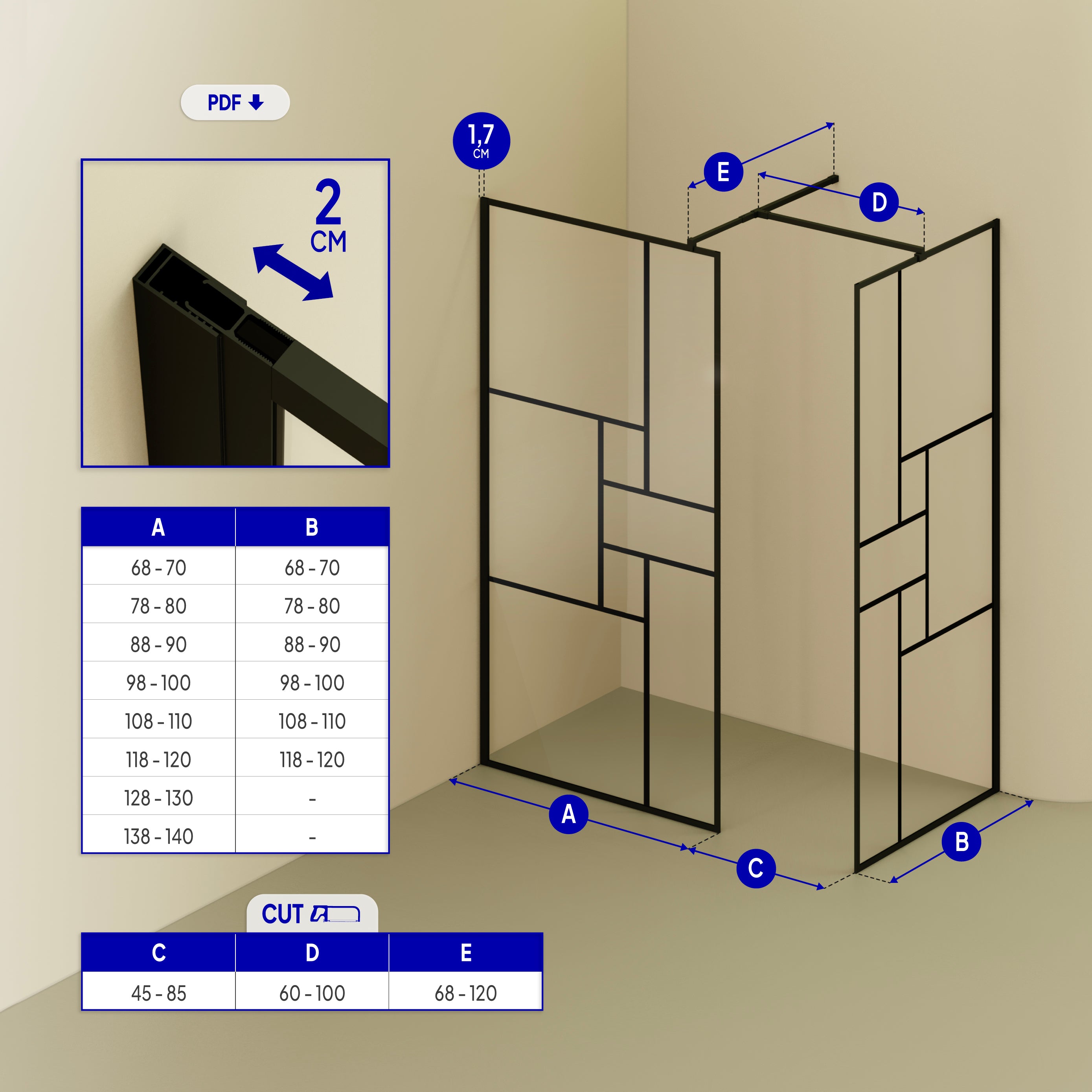 GIANNA - Painel de duche Walk-In com 2 painéis em vidro temperado com blocos e perfil preto mate