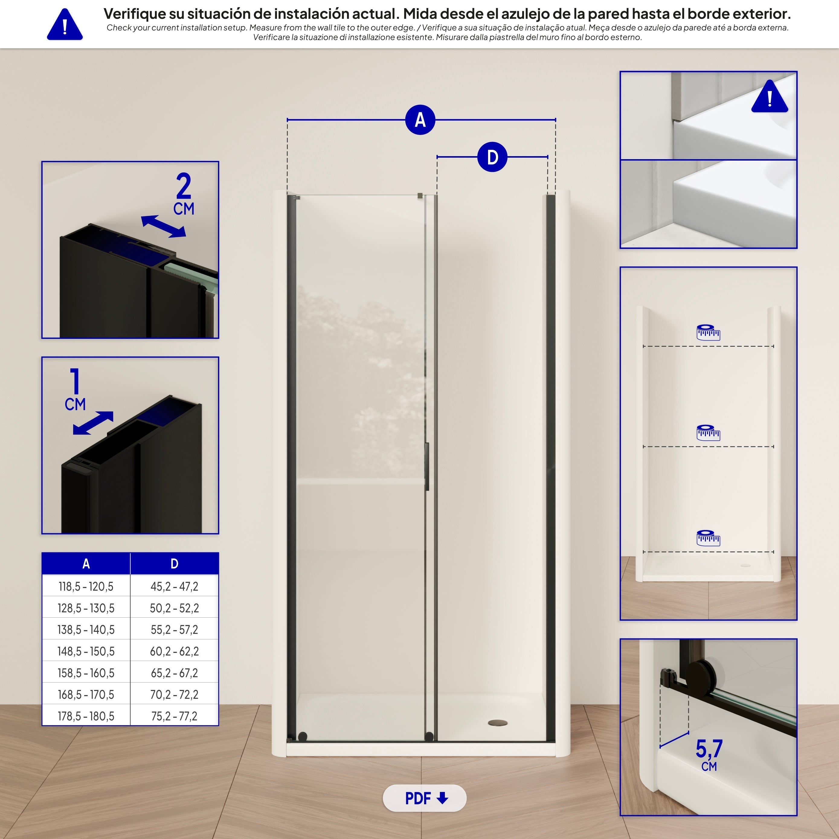NADINE - Porta de duche com porta correr em vidro temperado 8 mm e perfil preto mate