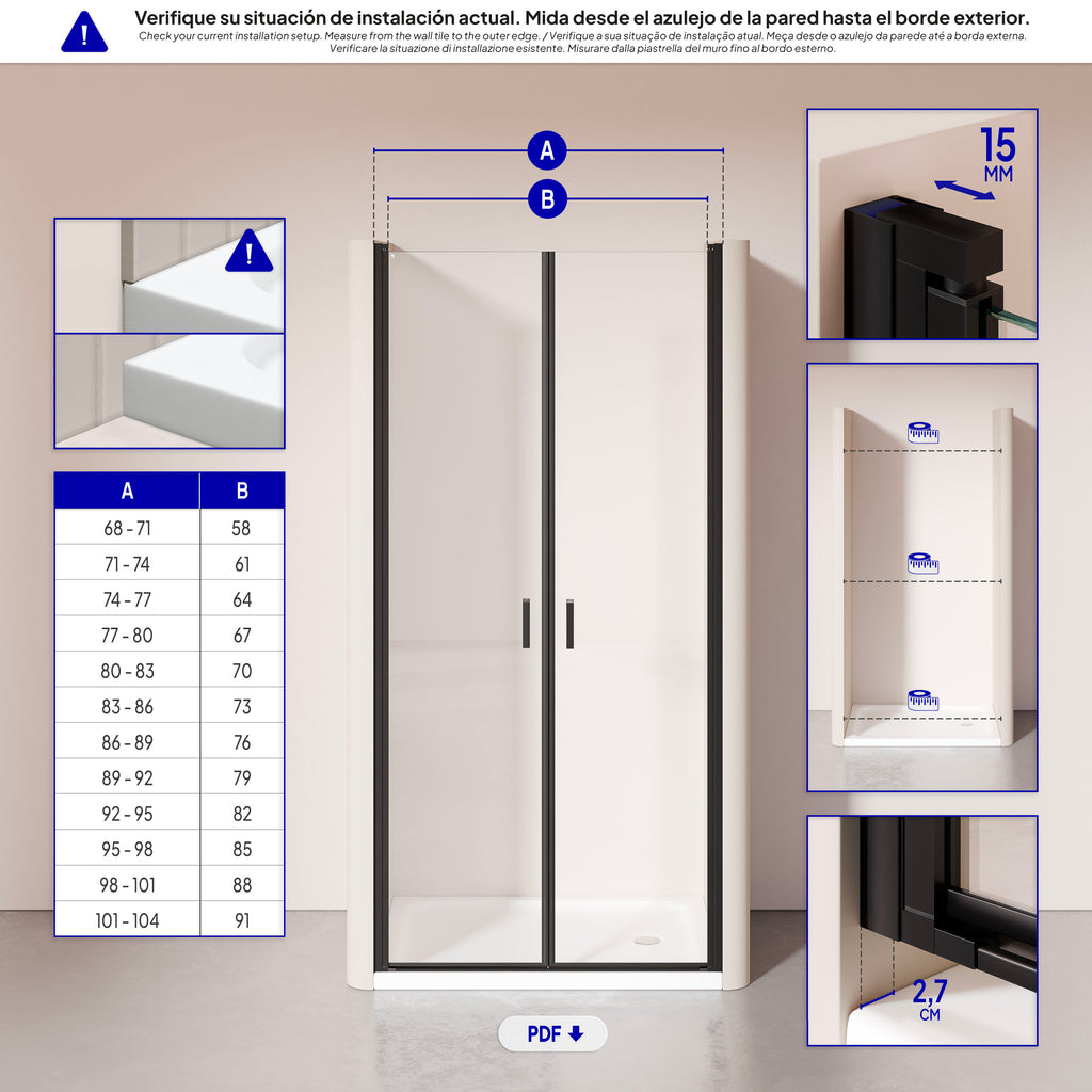 LARA - Porta doccia con ante battenti in vetro temperato 6 mm e profilo nero opaco