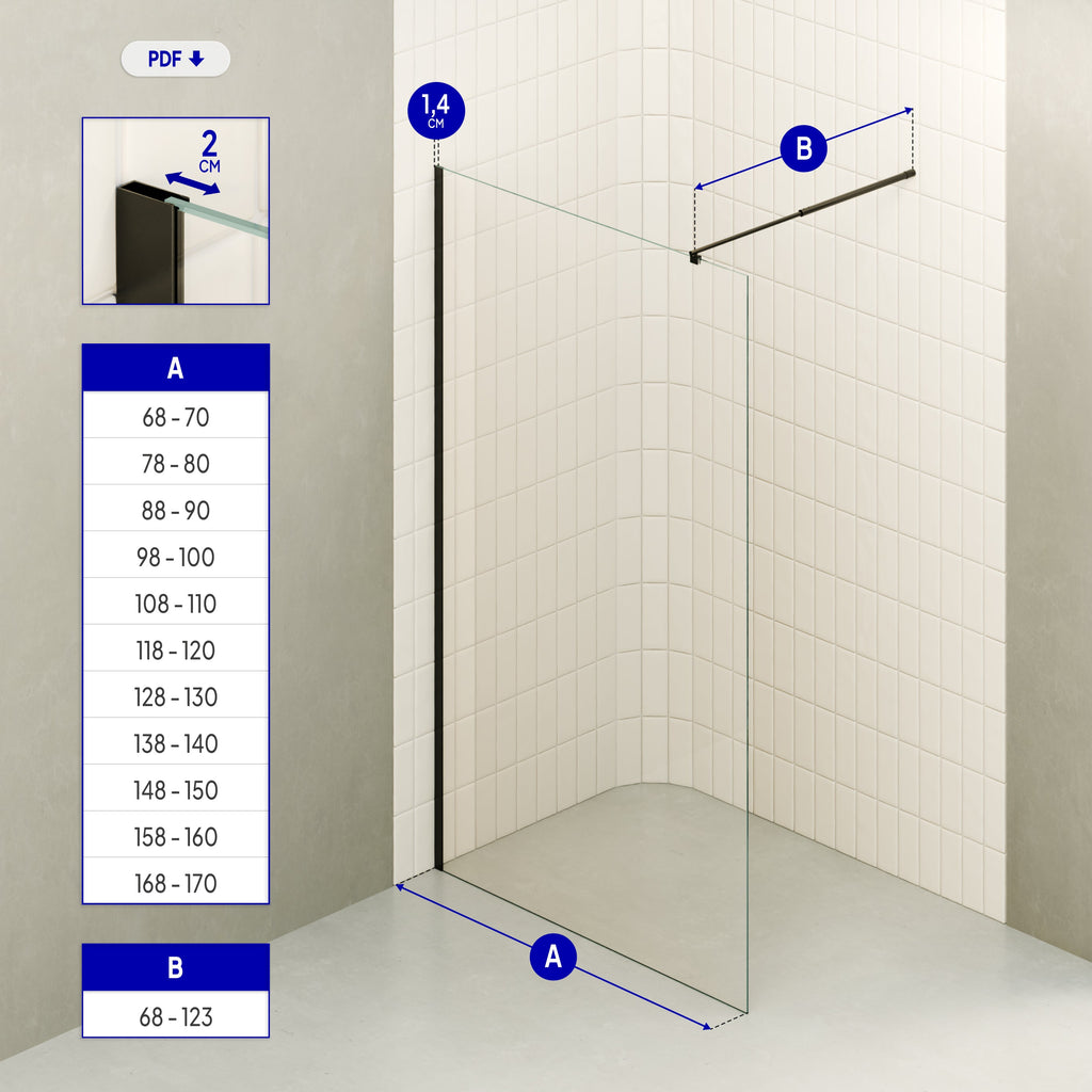 FIONA - Mampara de ducha walk-in de cristal templado de 10 mm con perfil negro mate