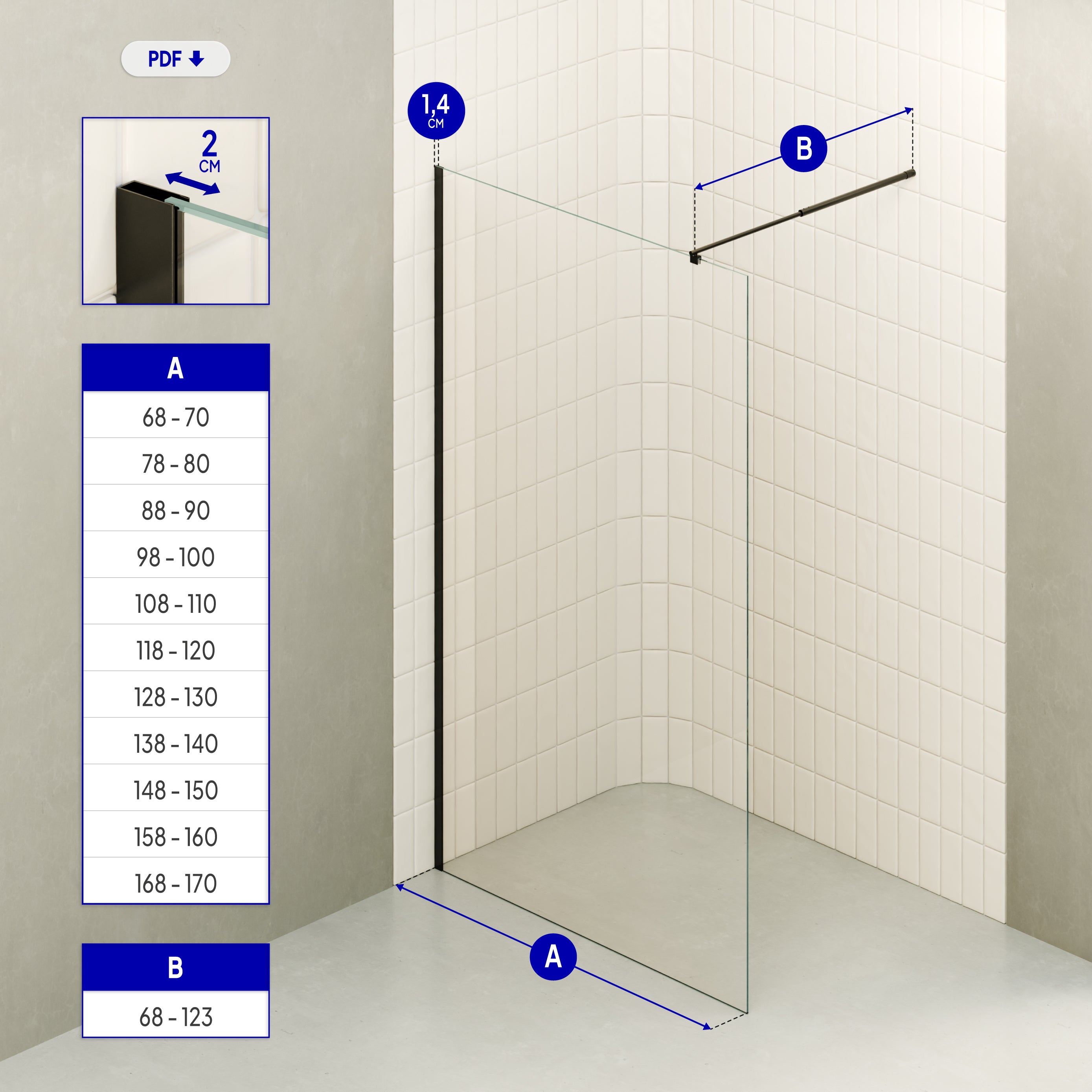 FIONA - Painel de duche Walk-In em vidro temperado 10 mm com perfil preto mate