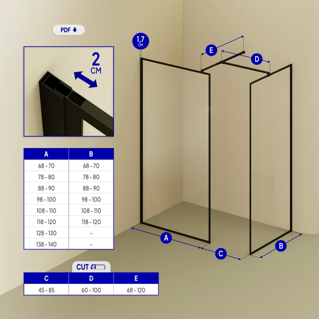 GIANNA - Painel de duche Walk-In com 2 painéis em vidro temperado com perfil preto mate