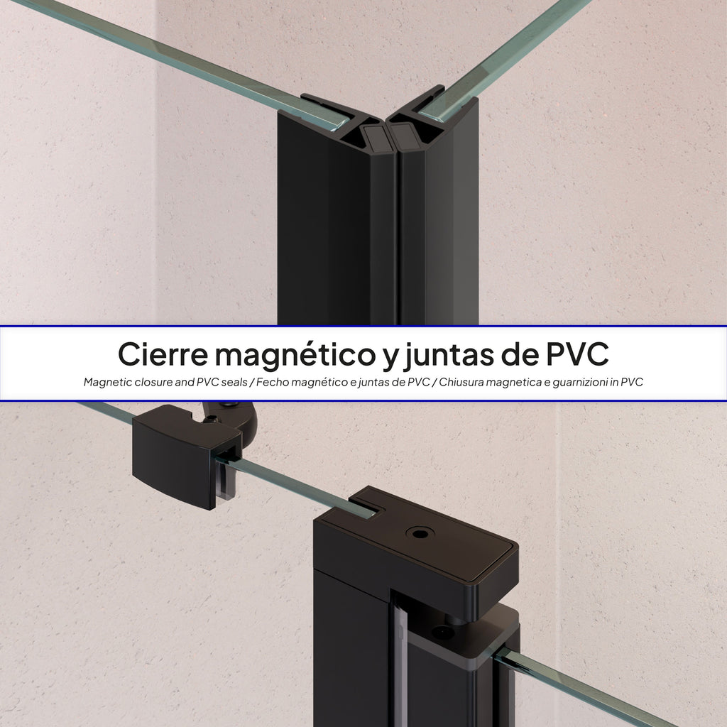 LINDA - Cabine de duche de canto com portas articuladas em vidro temperado e perfil preto mate