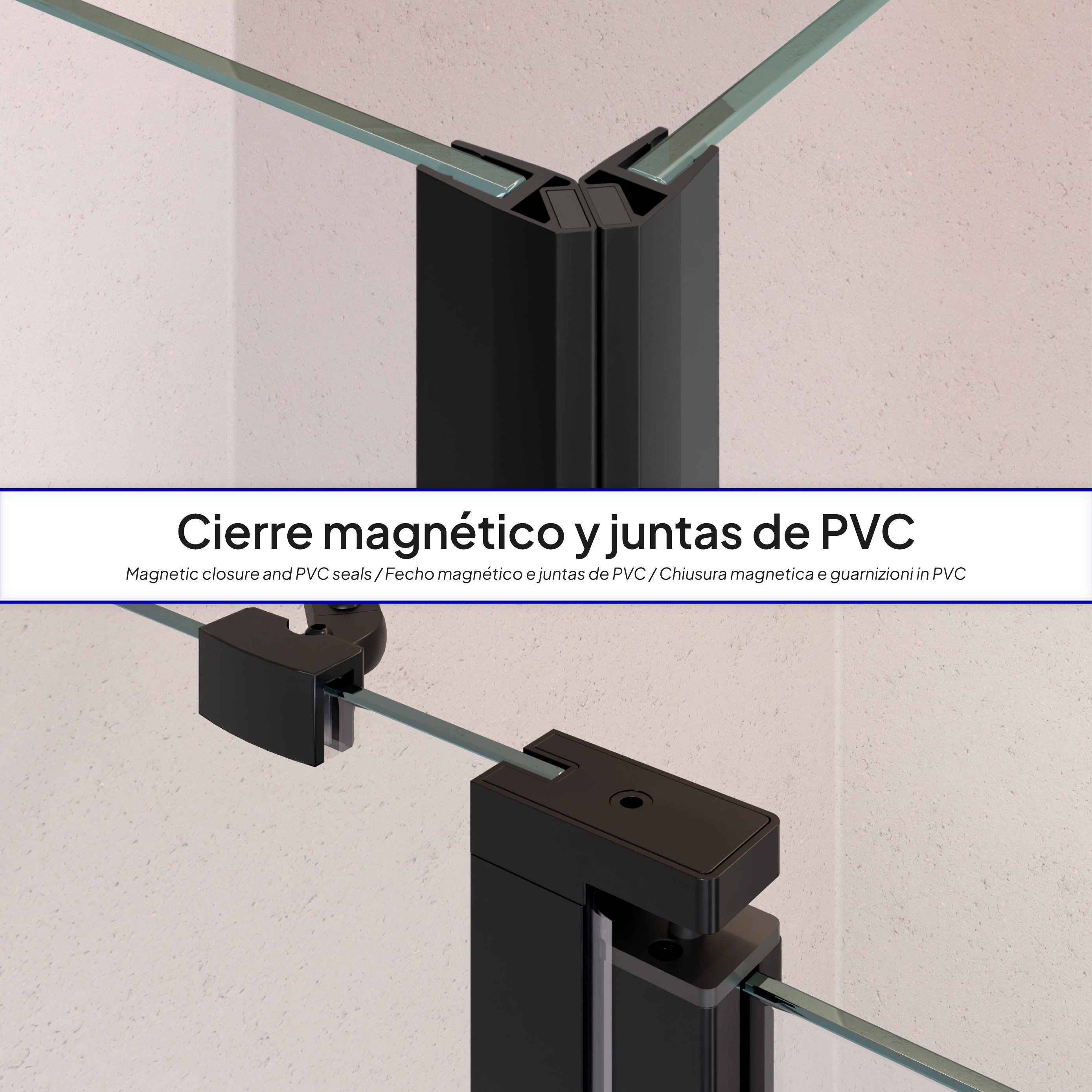 LINDA - Cabine de duche de canto com portas articuladas em vidro temperado e perfil preto mate