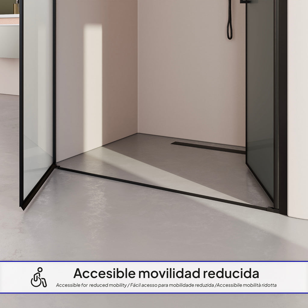 LARA - Puerta de ducha con puertas abatibles de cristal templado esmerilado de 6 mm y perfil negro mate