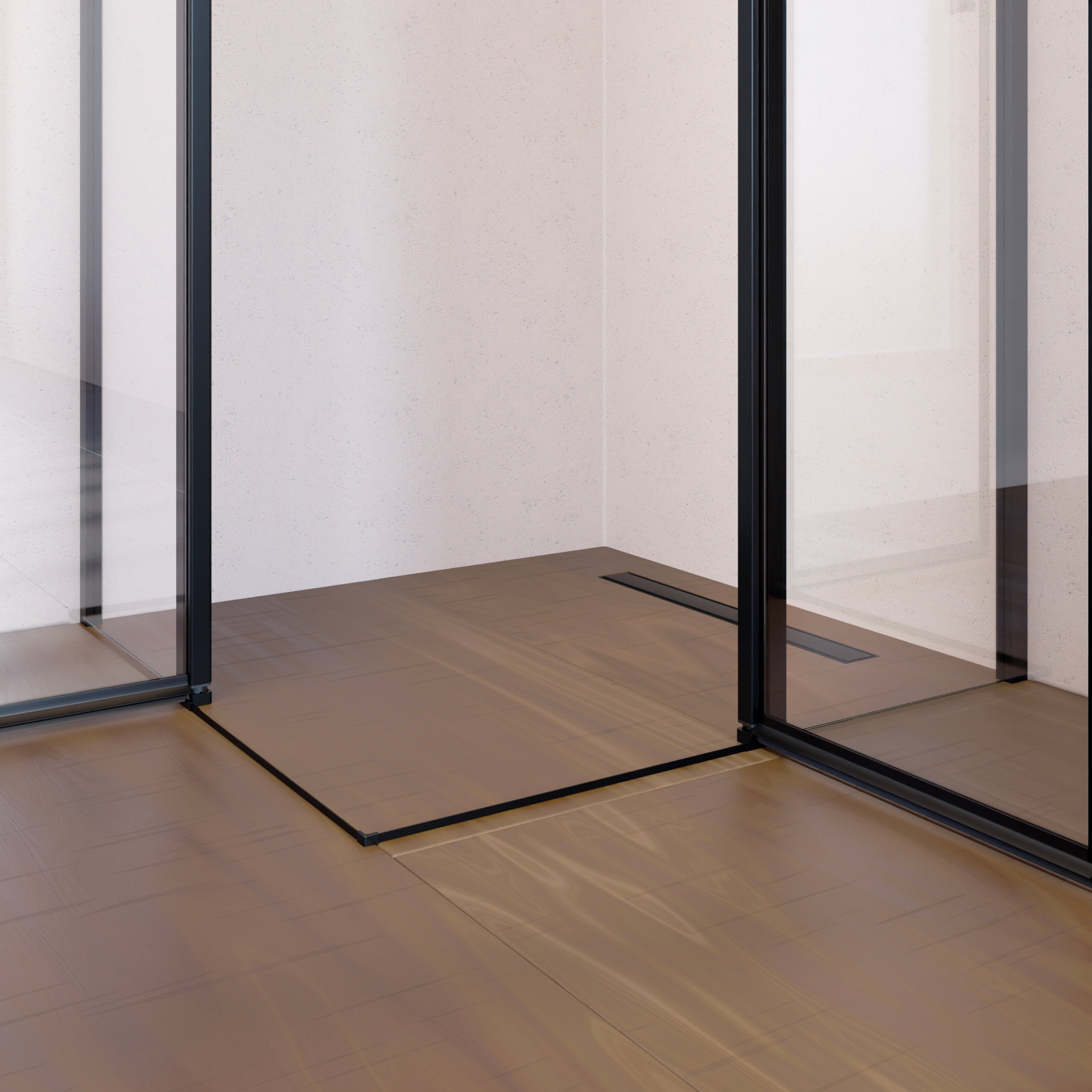 LINDA - Cabine de duche de canto com portas articuladas em vidro temperado e perfil preto mate