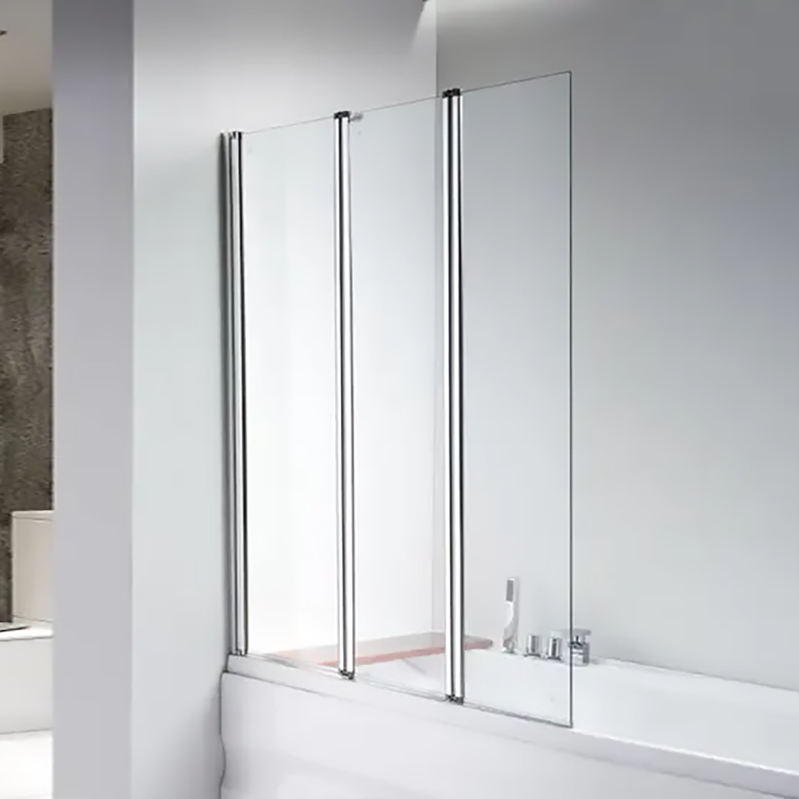 PETRA | Resguardo de banheira com 3 painéis rebatíveis, perfis cromados e vidro transparente