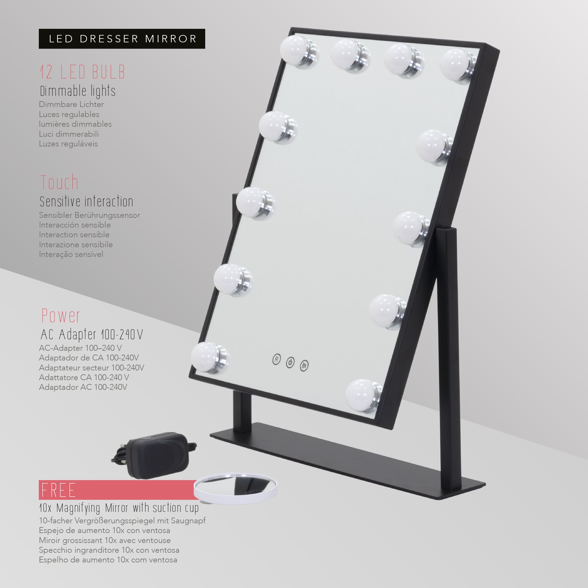 BULB LITTLE - Espejo de maquillaje con iluminación LED y formato compacto