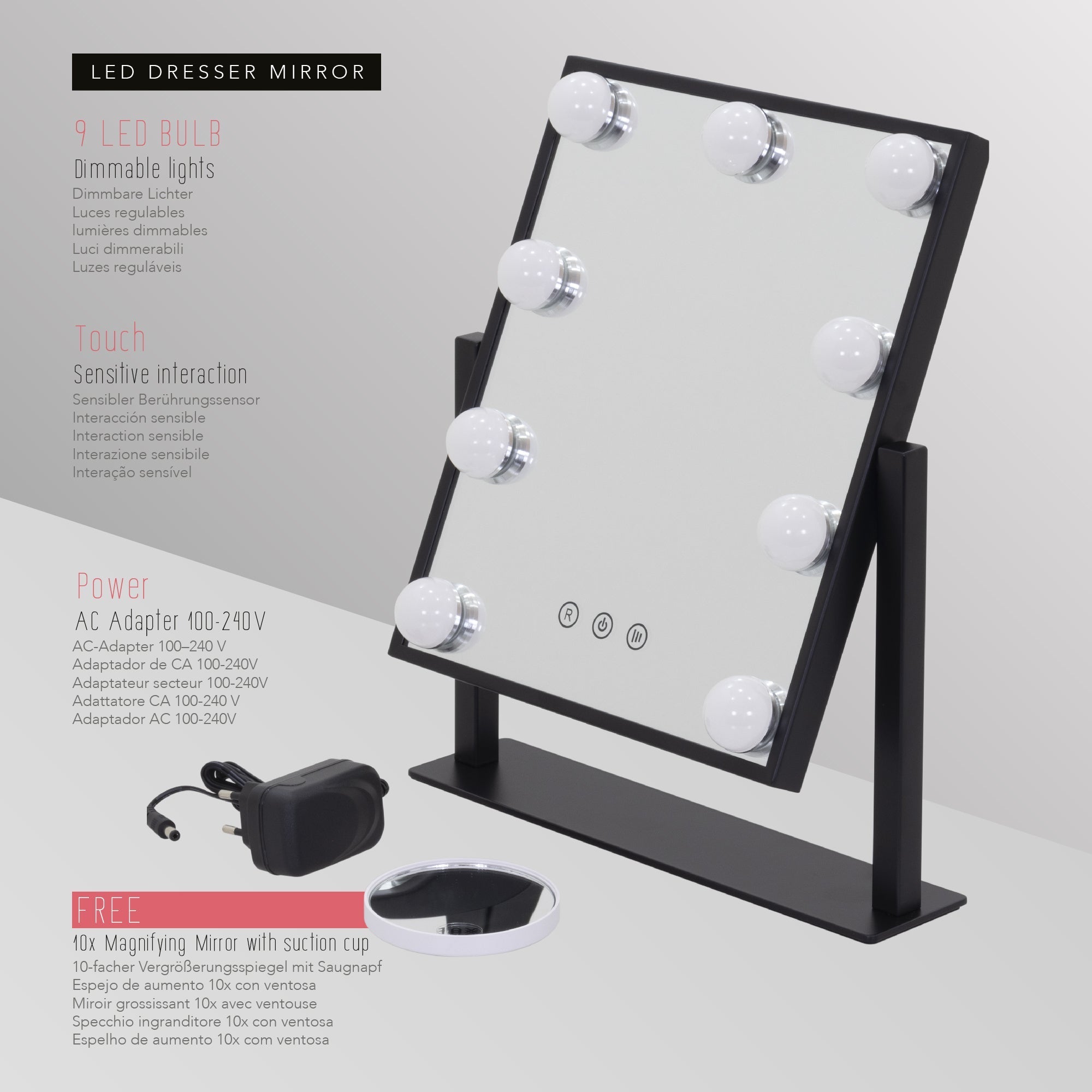 BULB TINY - Espejo de maquillaje compacto con iluminación LED para uso diario