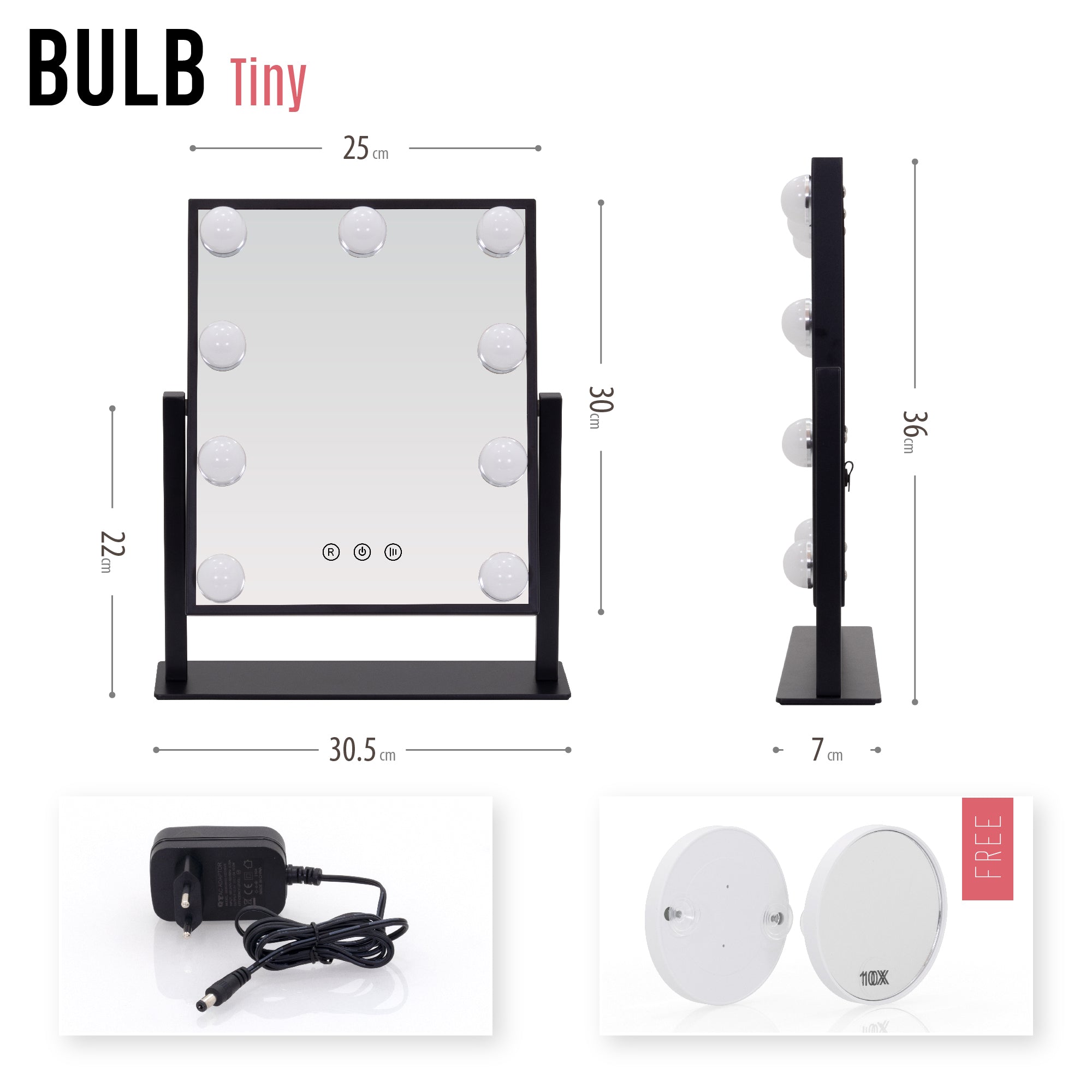 BULB TINY - Espelho de maquilhagem compacto com iluminação LED para uso diário