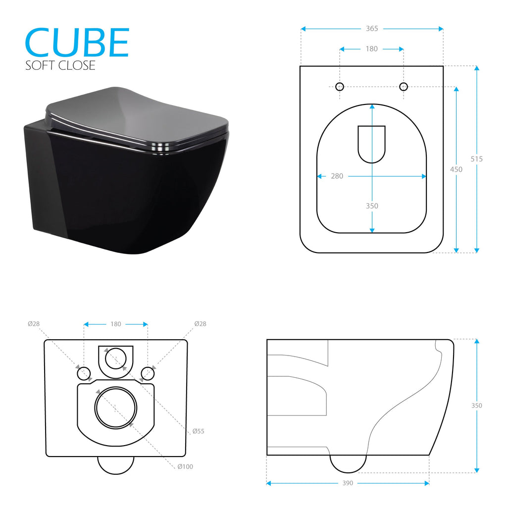 CUBE - Sanita suspensa rimless em preto com tampa soft-close