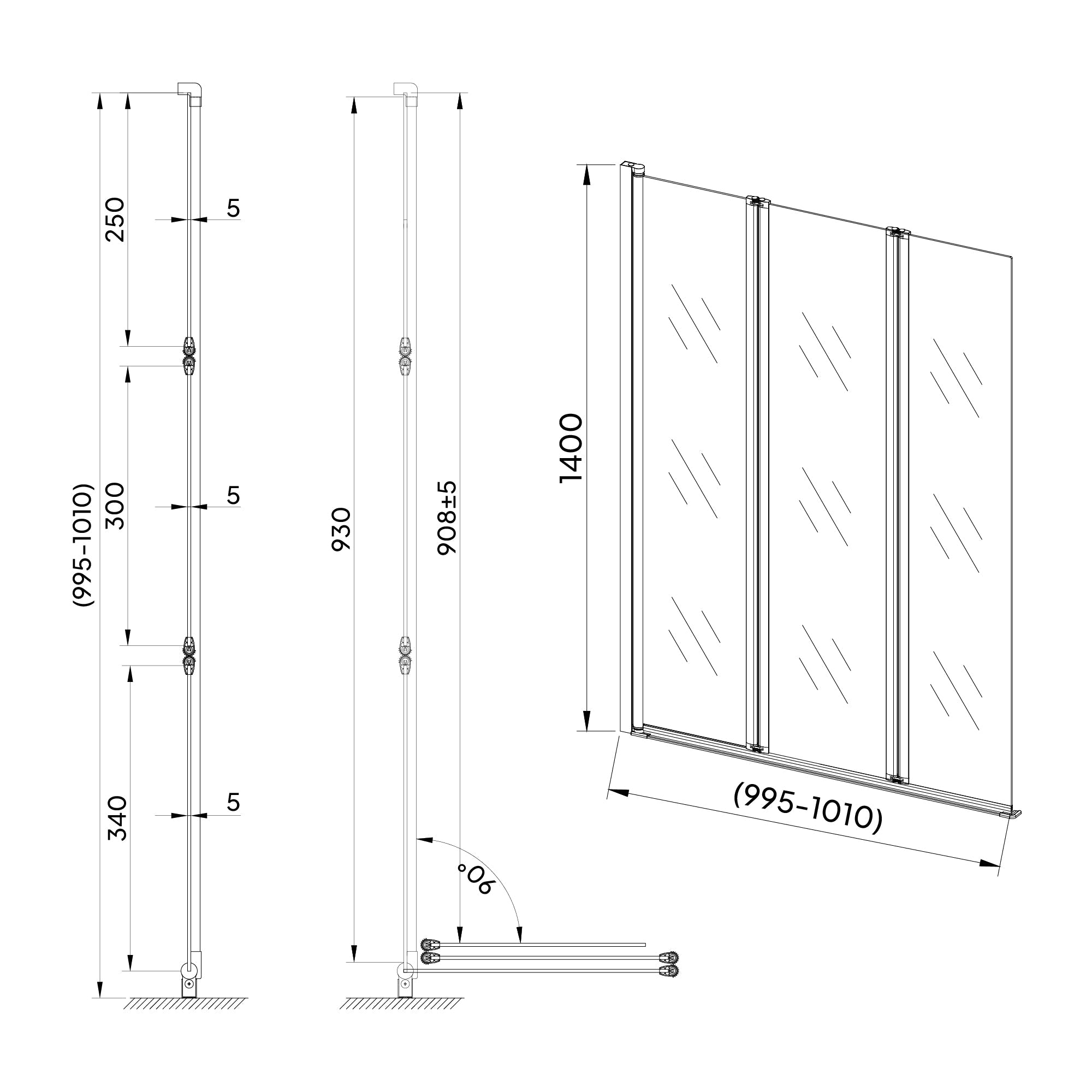PETRA | Resguardo de banheira com 3 painéis rebatíveis, perfis cromados e vidro transparente