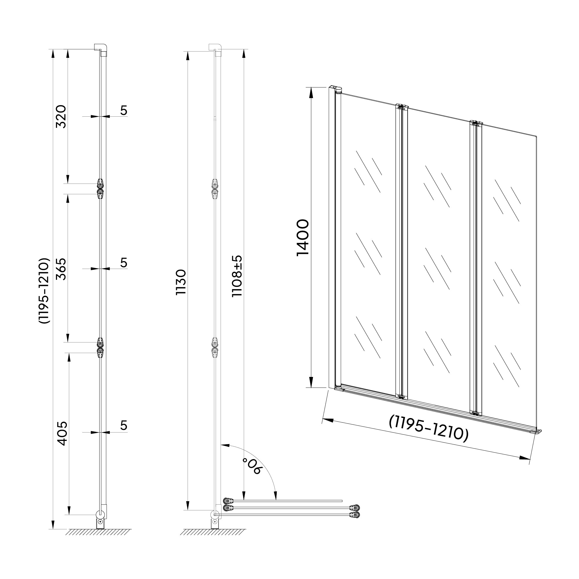 PETRA | Resguardo de banheira com 3 painéis rebatíveis, perfis preto mate e vidro transparente
