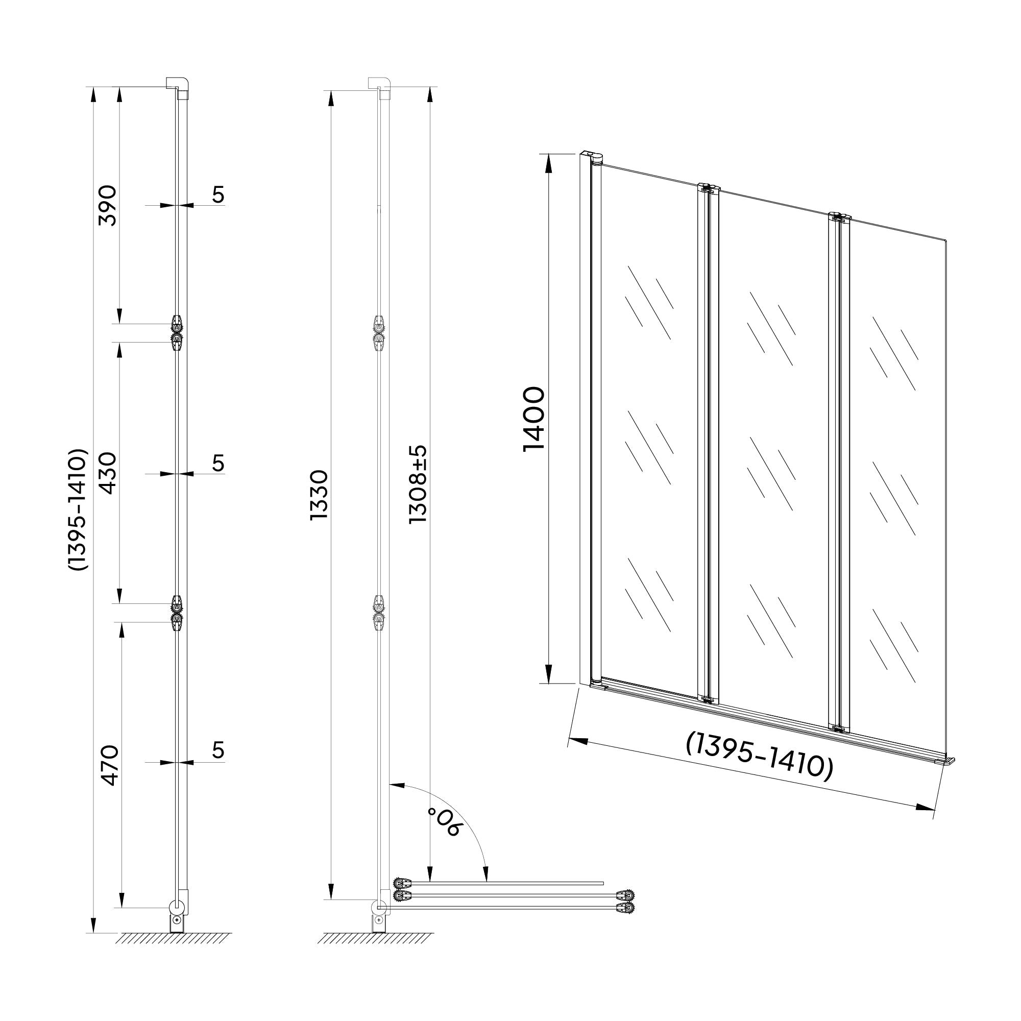 PETRA | Resguardo de banheira com 3 painéis rebatíveis, perfis cromados e vidro transparente