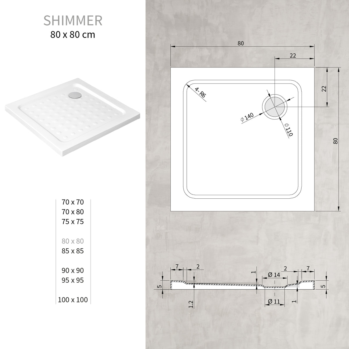 SHIMMER - Plato de ducha acrílico efecto burbujas extraplano con acabado blanco y sifón incluido