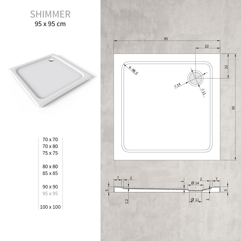 SHIMMER - Base de duche acrílica efeito pedra extraplana com acabamento branco e sifão incluído
