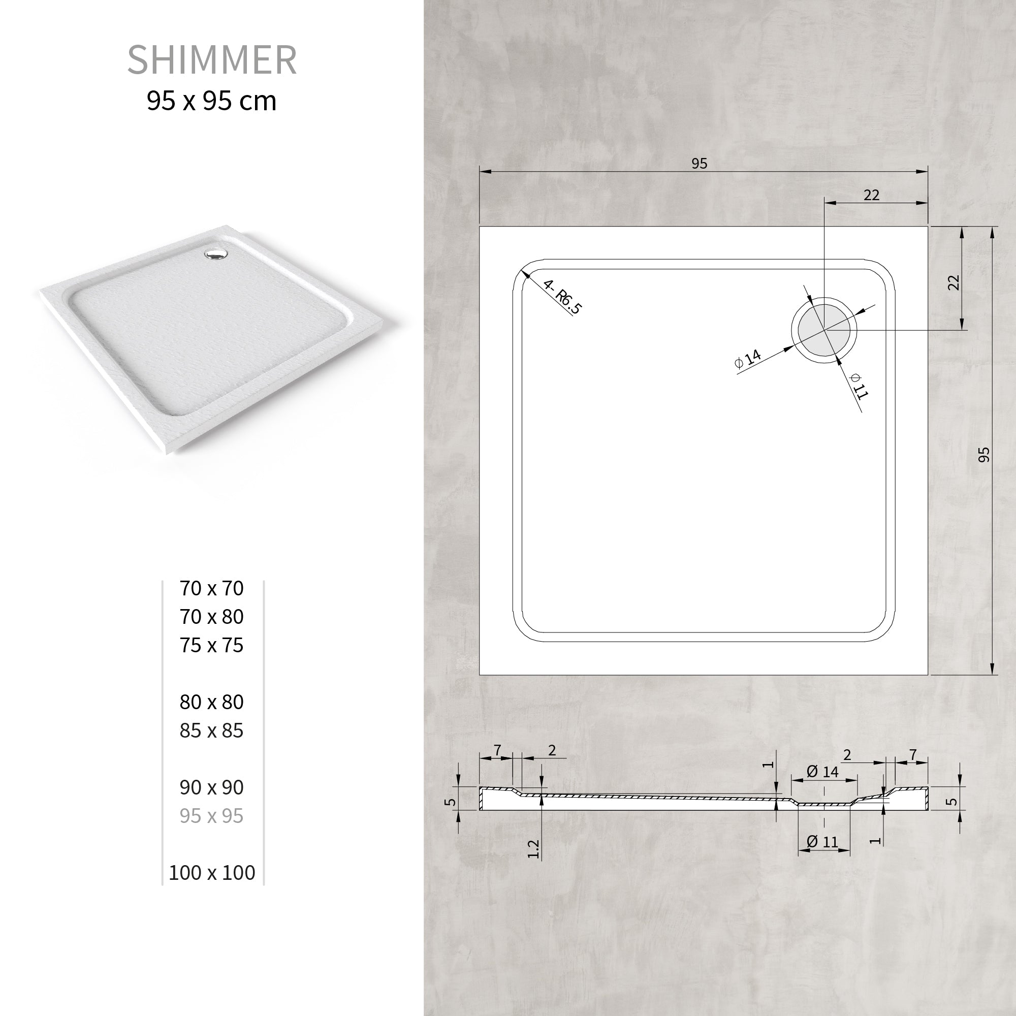 SHIMMER - Base de duche acrílica efeito pedra extraplana com acabamento branco e sifão incluído