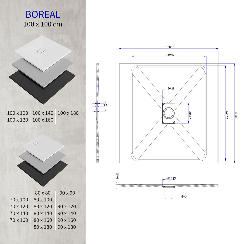 BOREAL - Base de duche preta RAL 7021 SMC antiderrapante GRIPSTONE com sifão incluído