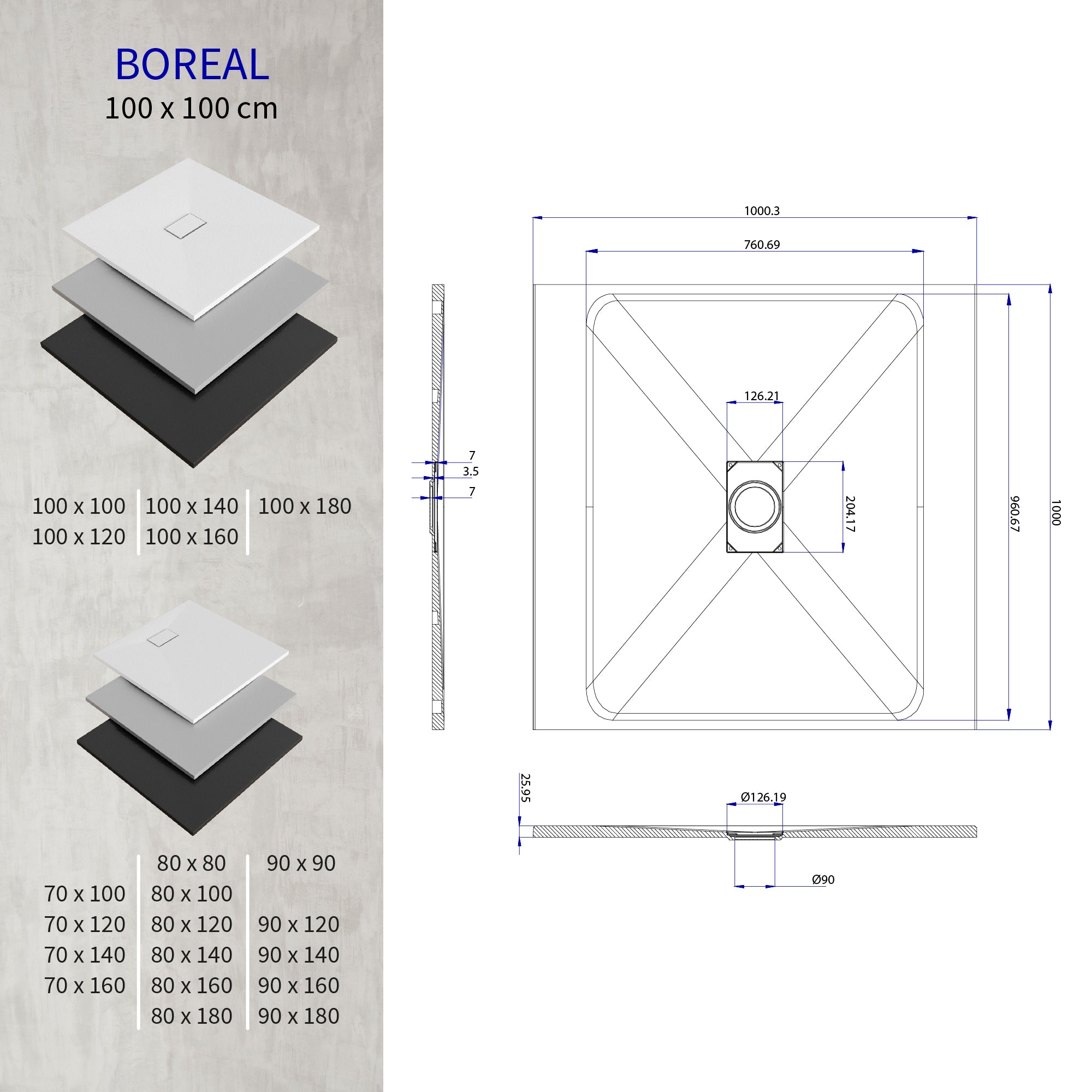 BOREAL - Base de duche preta RAL 7021 SMC antiderrapante GRIPSTONE com sifão incluído