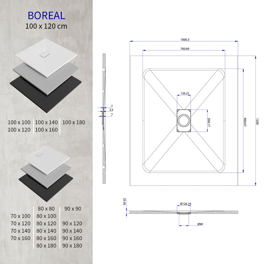 BOREAL - Base de duche cinzenta RAL 7030 SMC antiderrapante GRIPSTONE com sifão incluído