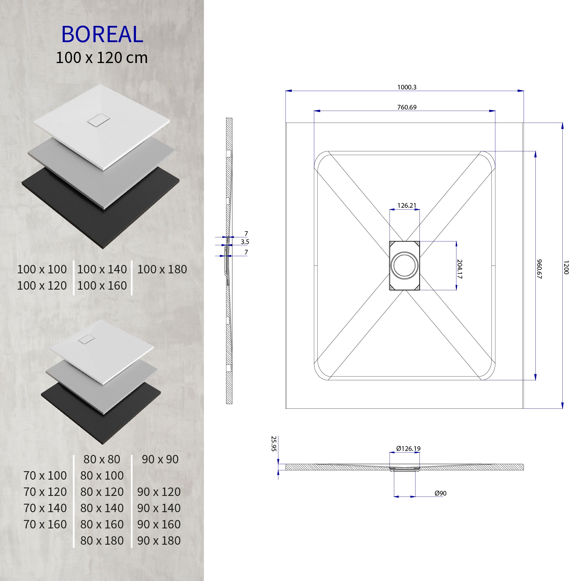 BOREAL - Base de duche cinzenta RAL 7030 SMC antiderrapante GRIPSTONE com sifão incluído