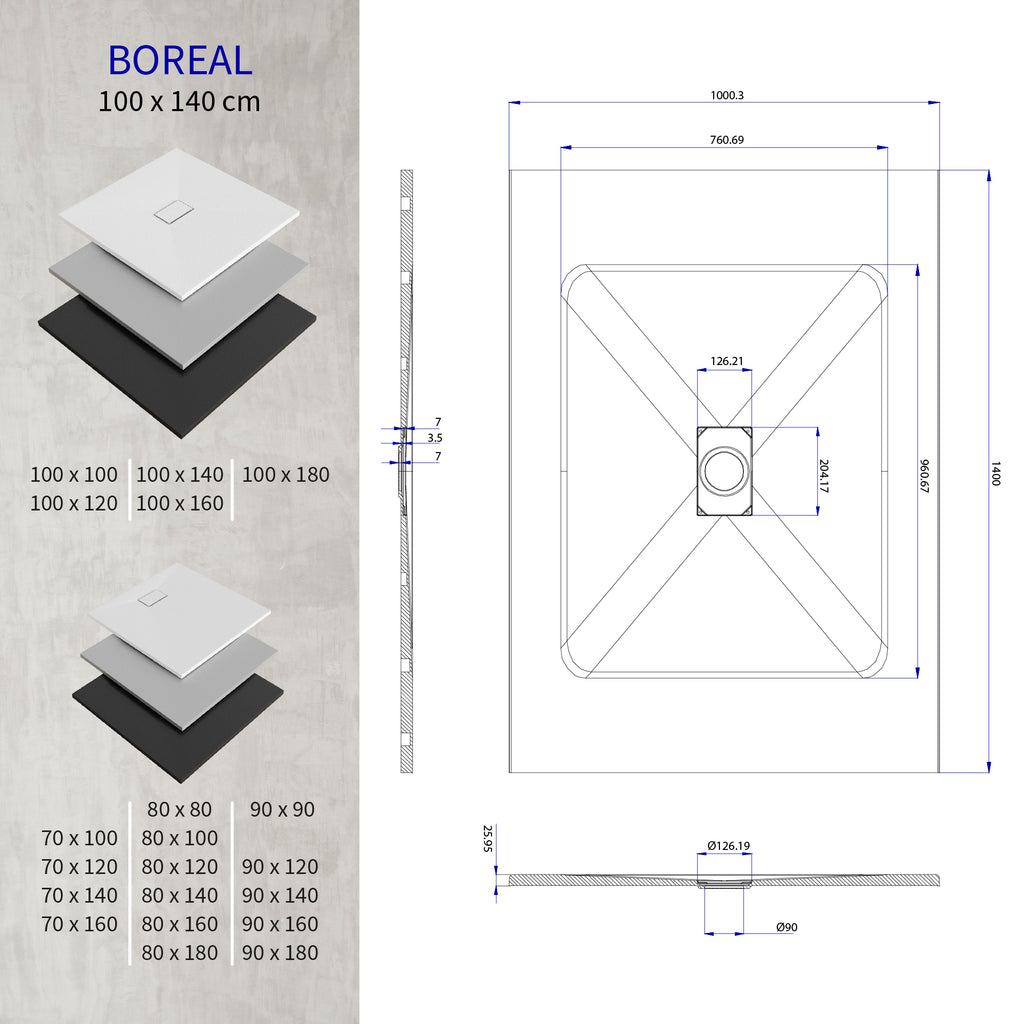 BOREAL - Base de duche cinzenta RAL 7030 SMC antiderrapante GRIPSTONE com sifão incluído