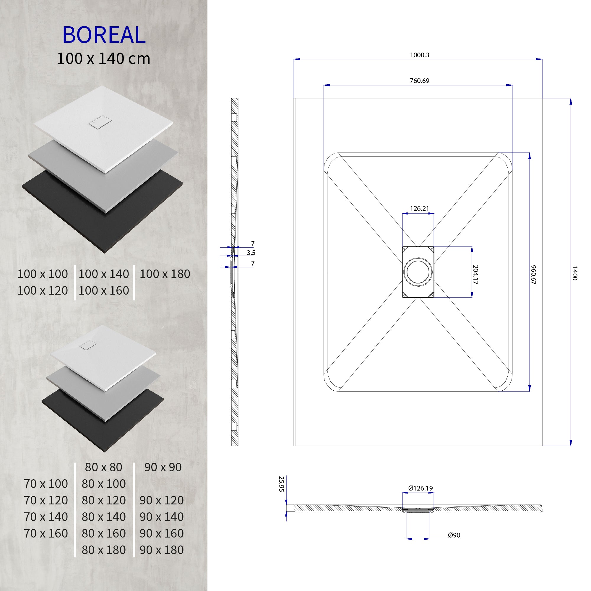 BOREAL - Base de duche preta RAL 7021 SMC antiderrapante GRIPSTONE com sifão incluído