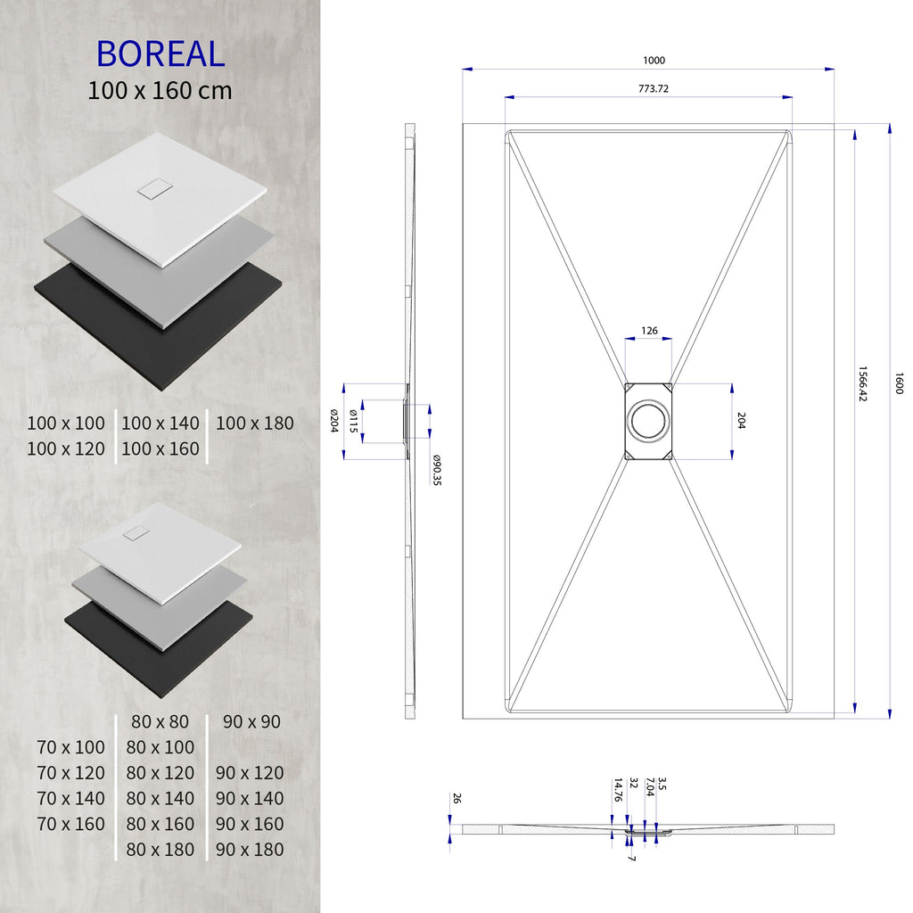 BOREAL - Base de duche antiderrapante com acabamento preto e sifão incluído
