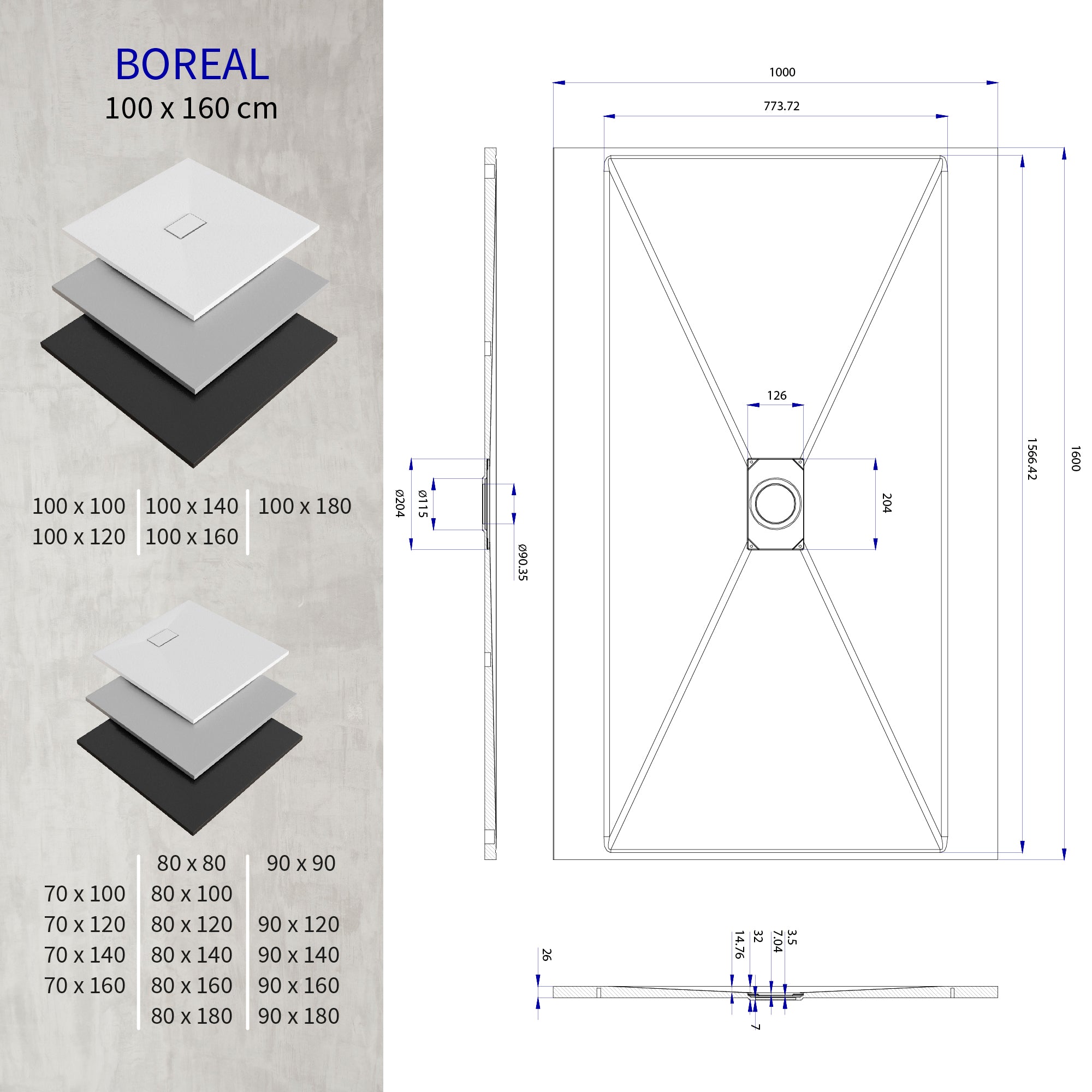 BOREAL - Base de duche antiderrapante com acabamento preto e sifão incluído