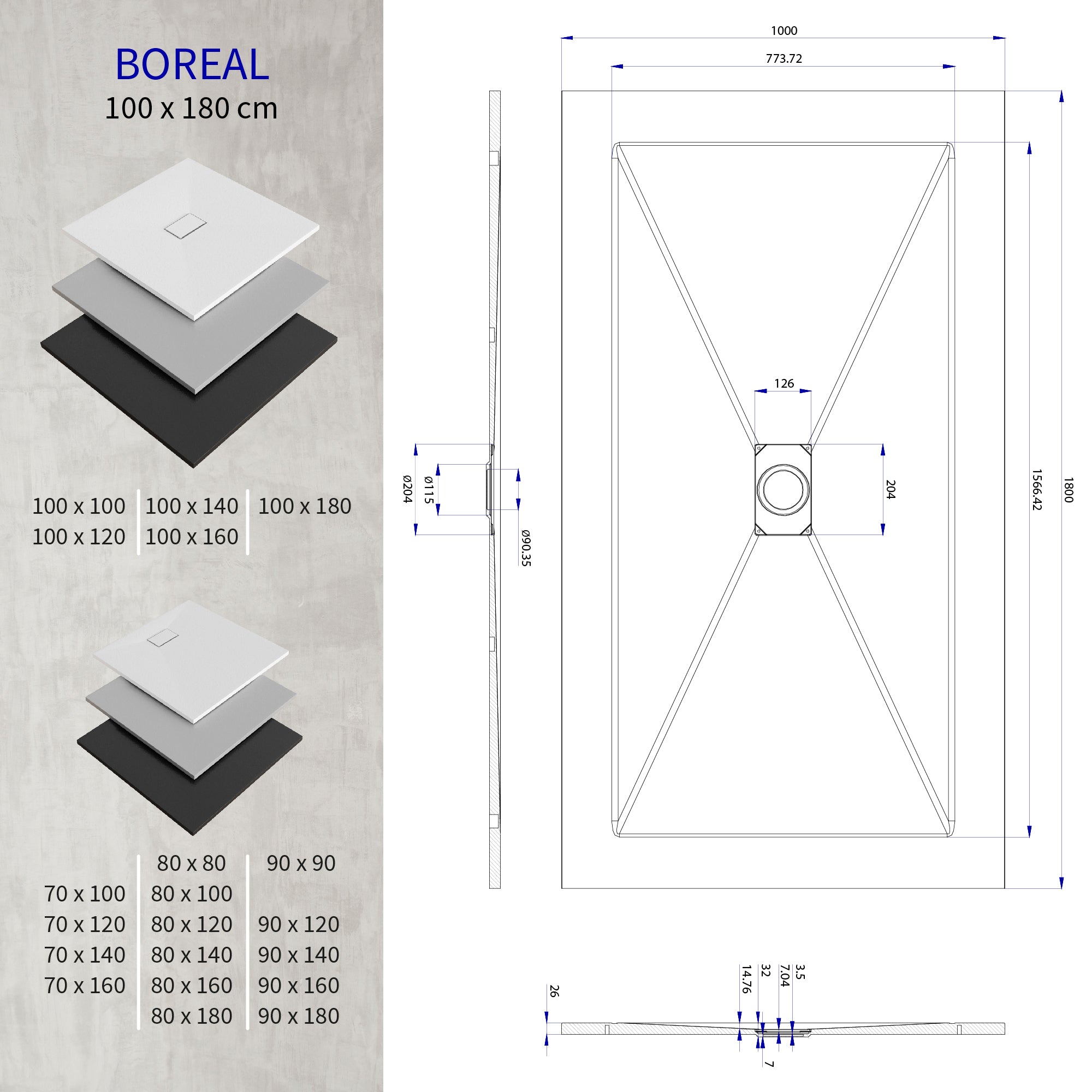 BOREAL - Base de duche antiderrapante com acabamento preto e sifão incluído