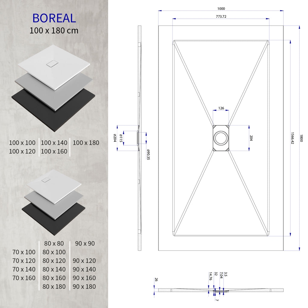 BOREAL - Base de duche cinzenta RAL 7030 SMC antiderrapante GRIPSTONE com sifão incluído