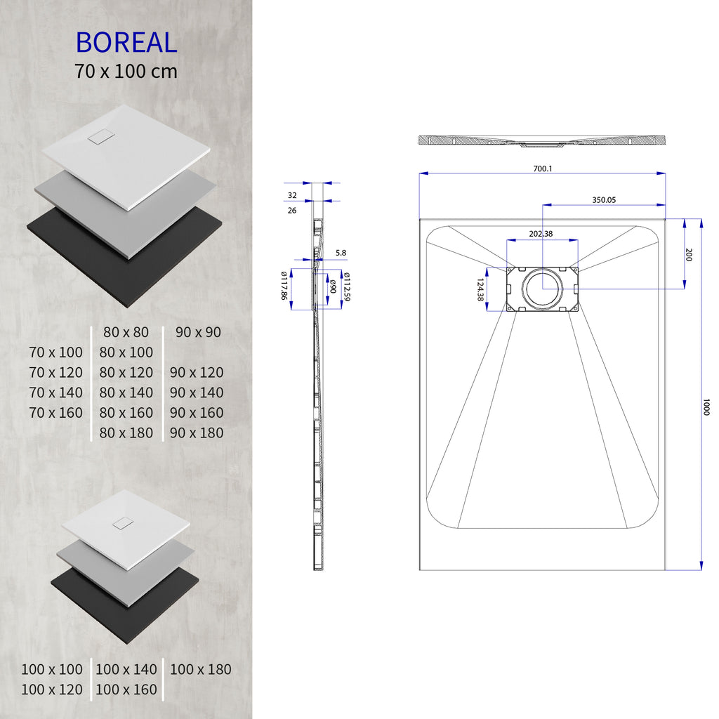 BOREAL - Base de duche cinzenta RAL 7030 SMC antiderrapante GRIPSTONE com sifão incluído