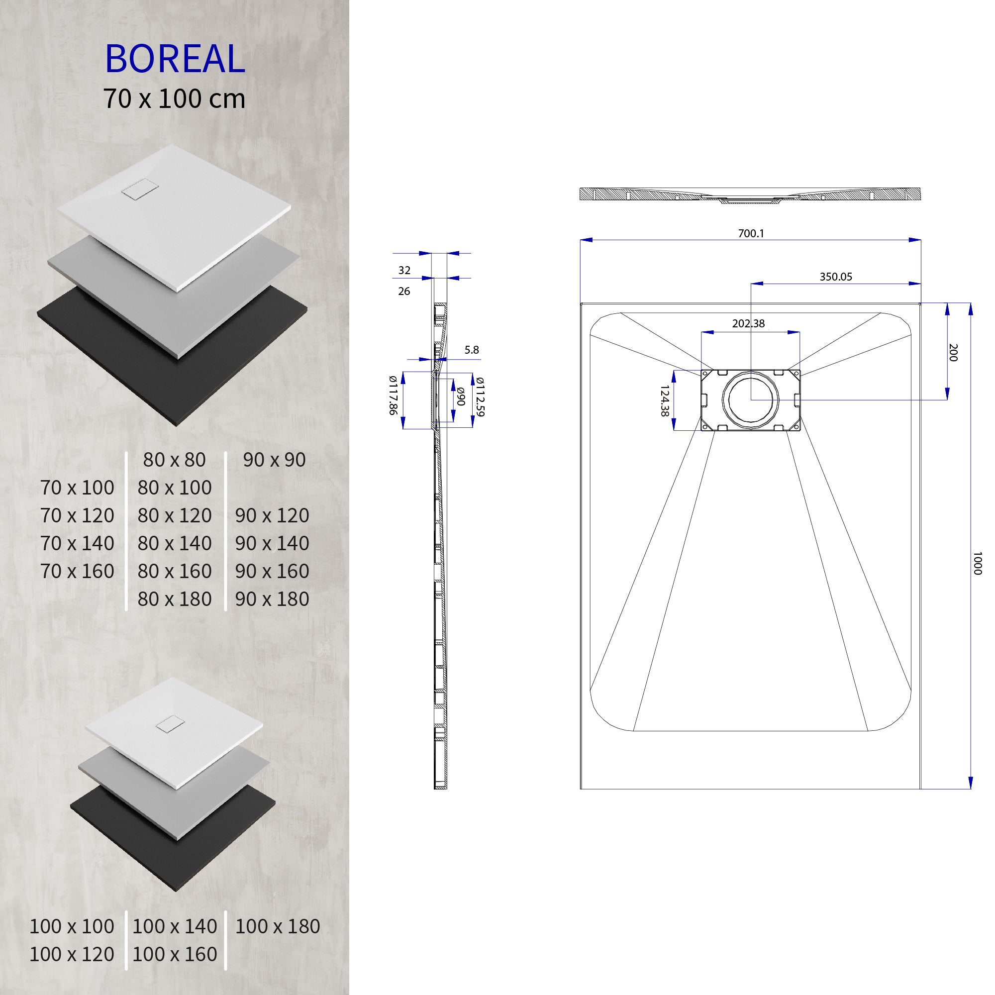 BOREAL - Base de duche antiderrapante com acabamento preto e sifão incluído
