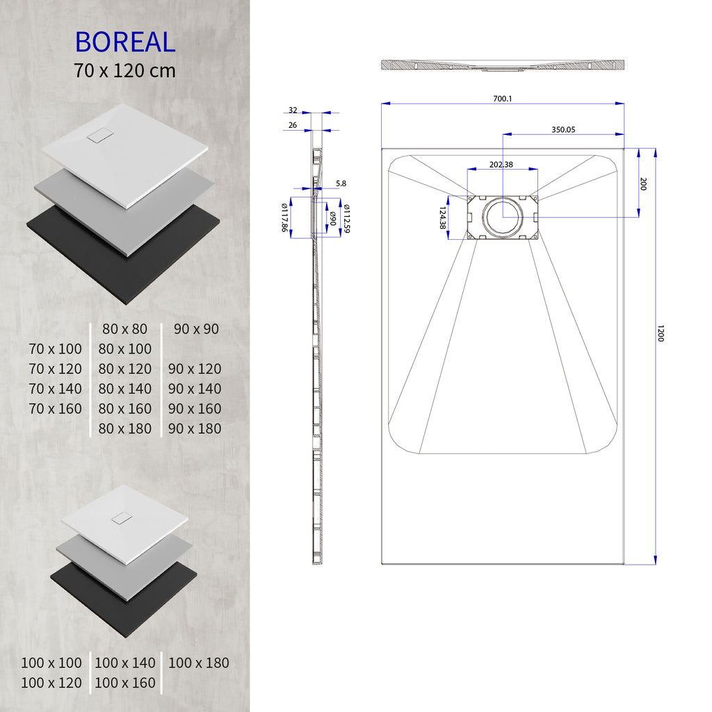 BOREAL - Base de duche cinzenta RAL 7030 SMC antiderrapante GRIPSTONE com sifão incluído