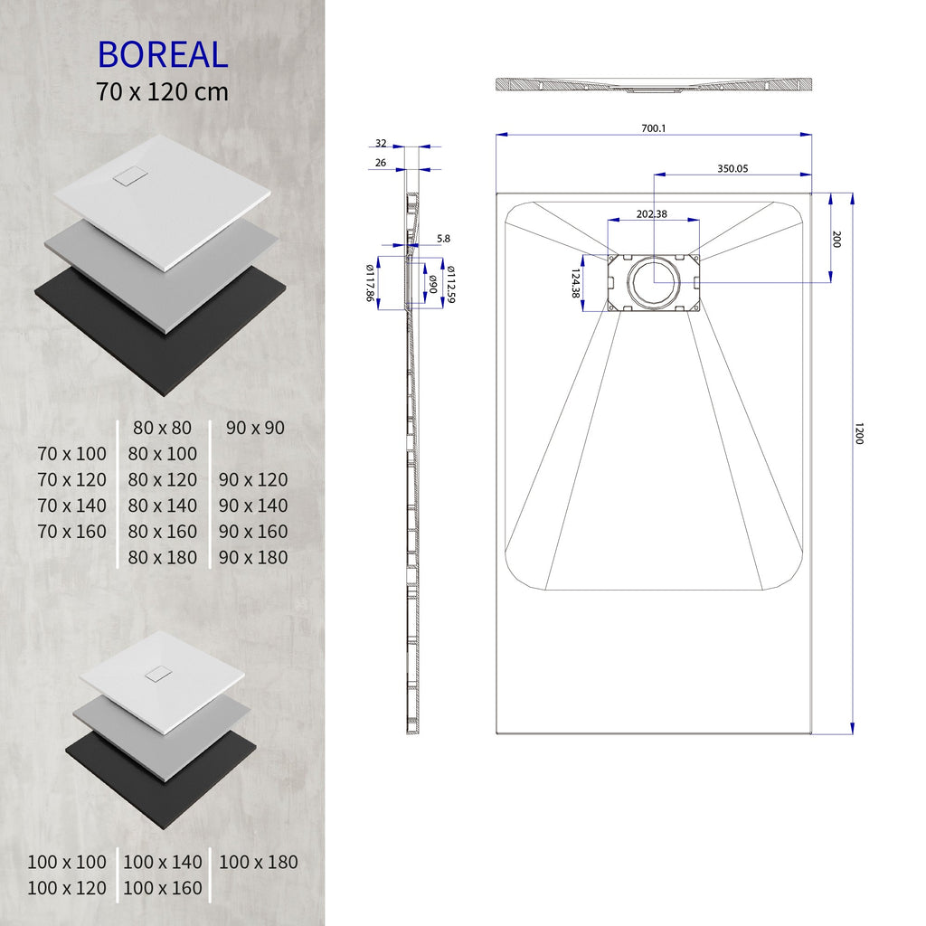 BOREAL - Piatto doccia antiscivolo con finitura grigia e piletta inclusa