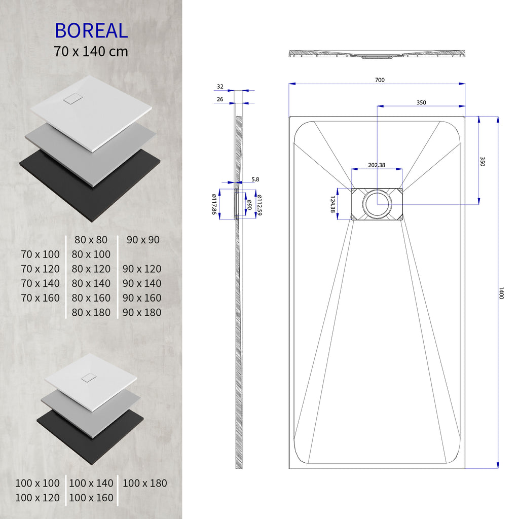 BOREAL - Base de duche cinzenta RAL 7030 SMC antiderrapante GRIPSTONE com sifão incluído