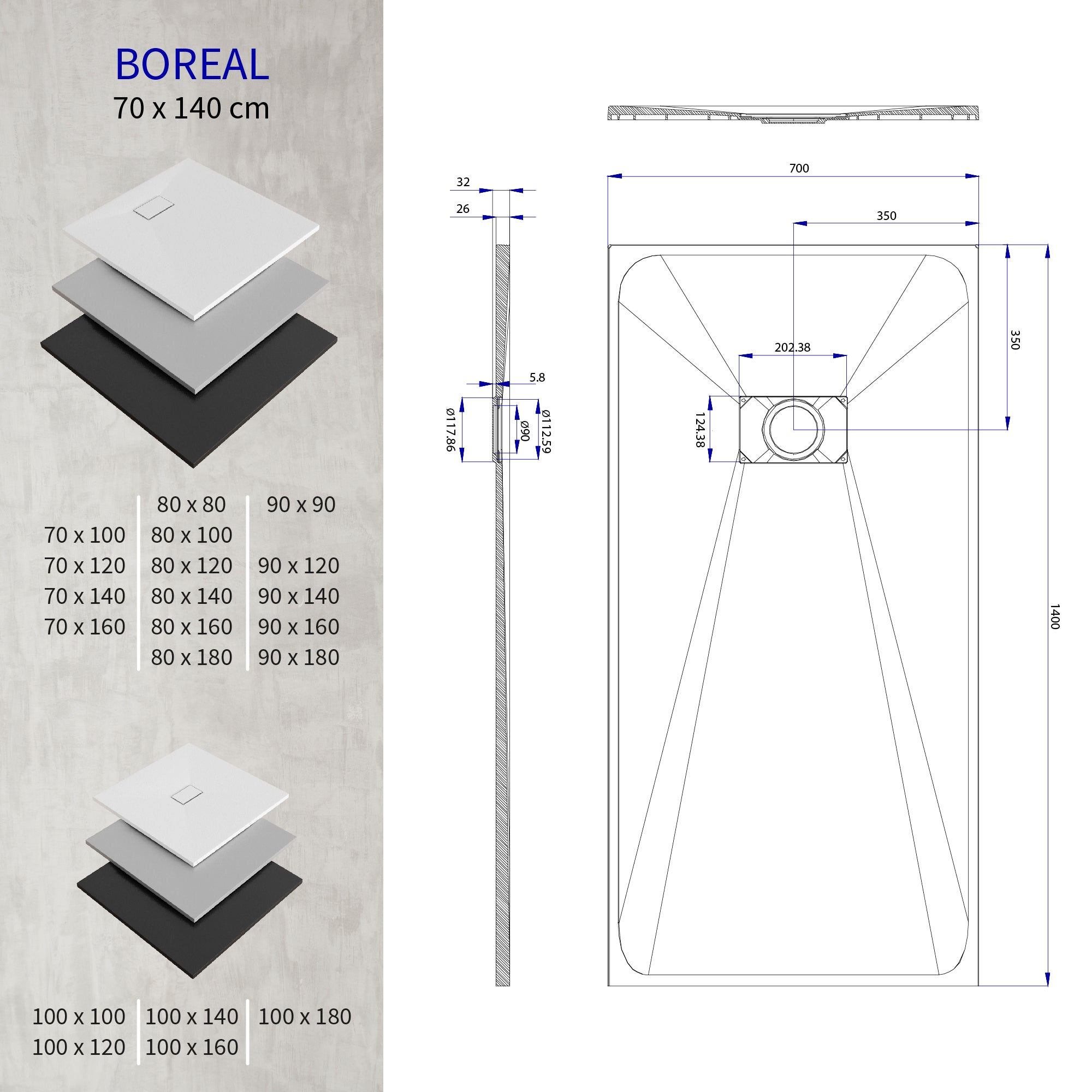 BOREAL - Base de duche branca RAL 9016 SMC antiderrapante GRIPSTONE com sifão incluído