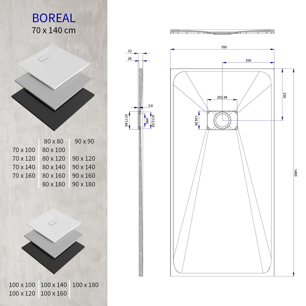 BOREAL - Base de duche antiderrapante com acabamento preto e sifão incluído