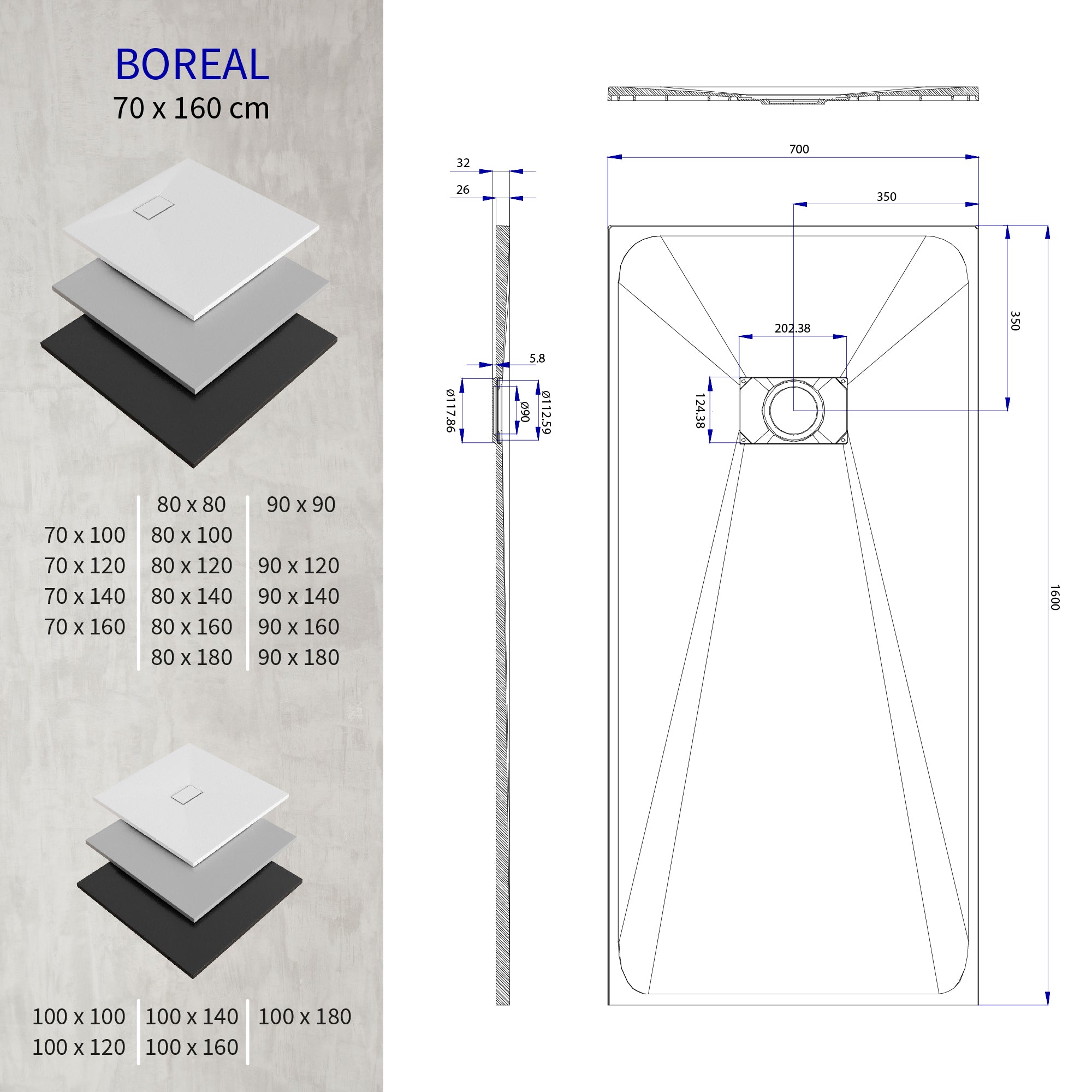 BOREAL - Base de duche preta RAL 7021 SMC antiderrapante GRIPSTONE com sifão incluído