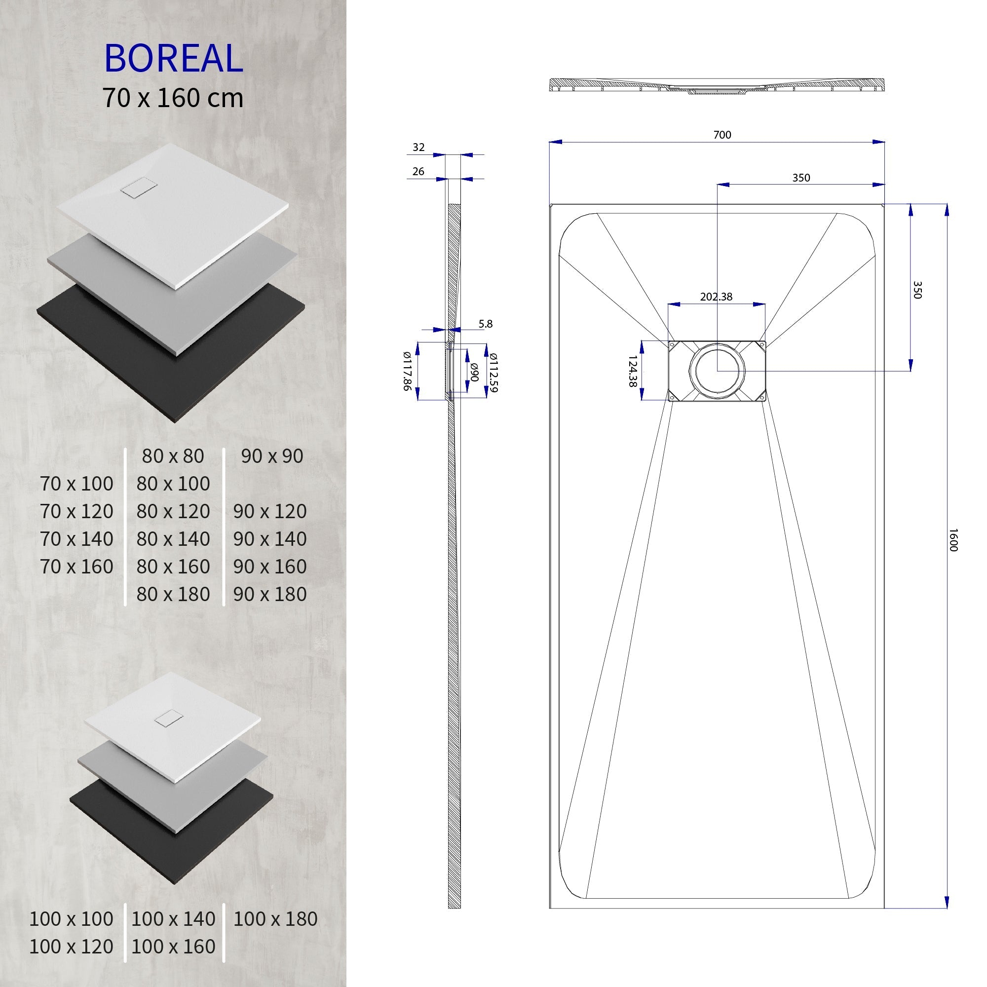 BOREAL - Base de duche antiderrapante com acabamento preto e sifão incluído