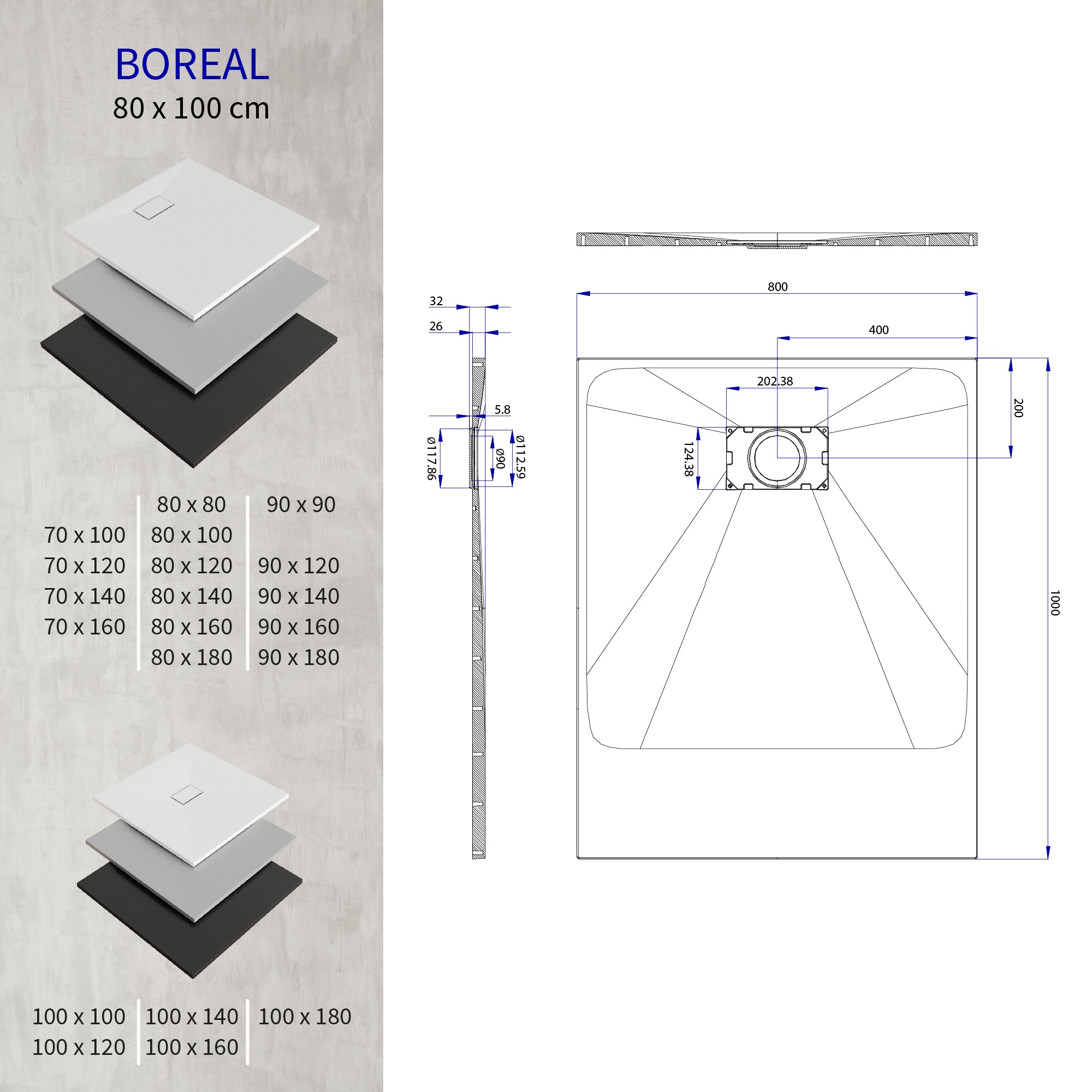BOREAL - Base de duche preta RAL 7021 SMC antiderrapante GRIPSTONE com sifão incluído